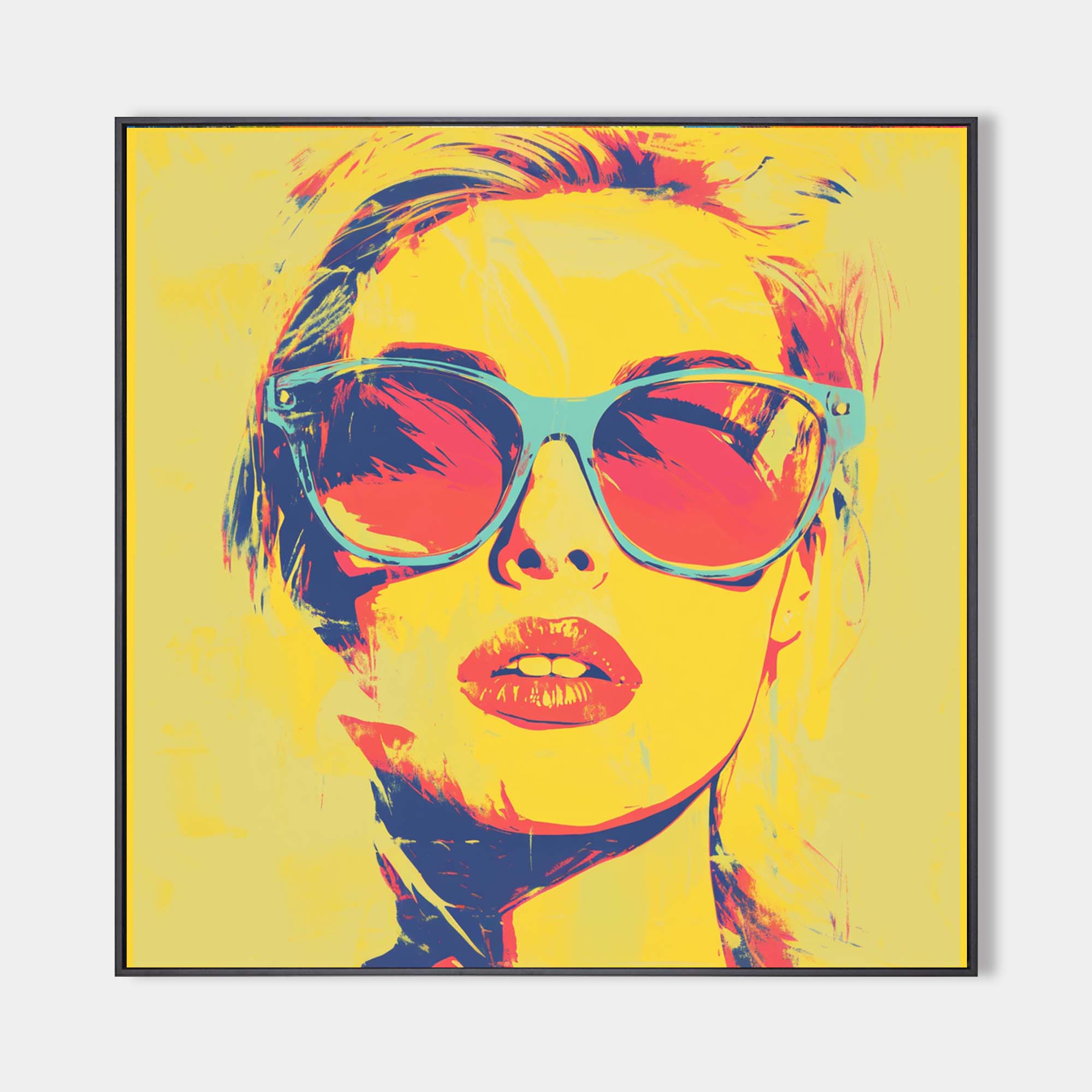 Original hand painted yellow red teal pop art portrait oil painting canvas wall art, modern elegant luxury contemporary living room hom