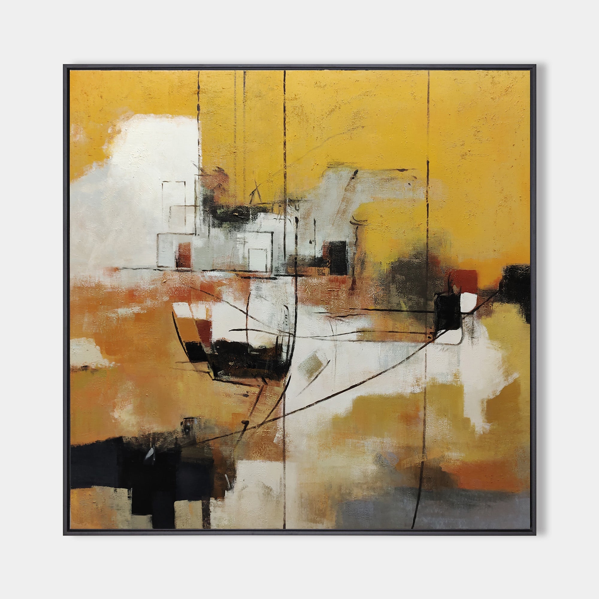 Original hand painted ochre abstract oil painting canvas wall art, geometric marks burnt sienna charcoal, elegant luxury modern scandin