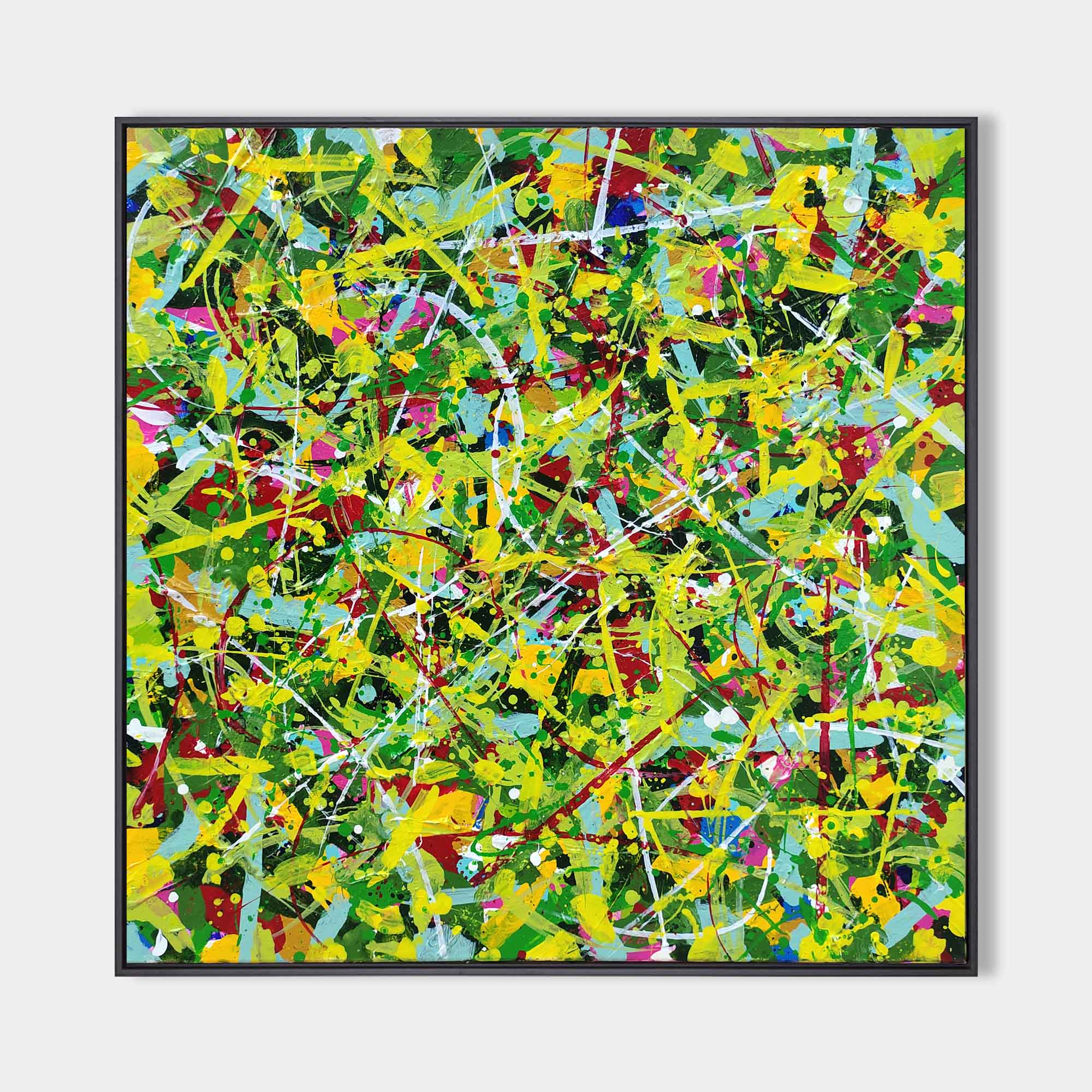 Original hand painted yellow green abstract splatter oil painting canvas wall art, modern elegant luxury living room interior design ho