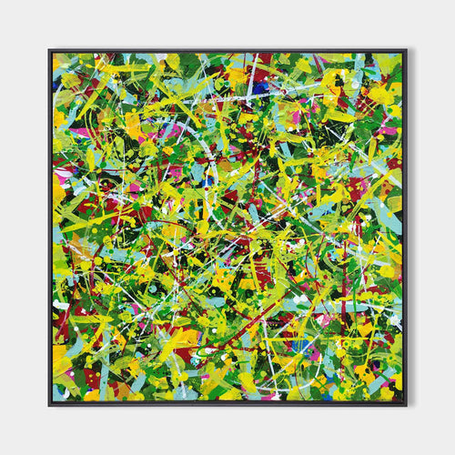 Original hand painted yellow green abstract splatter oil painting canvas wall art, modern elegant luxury living room interior design ho