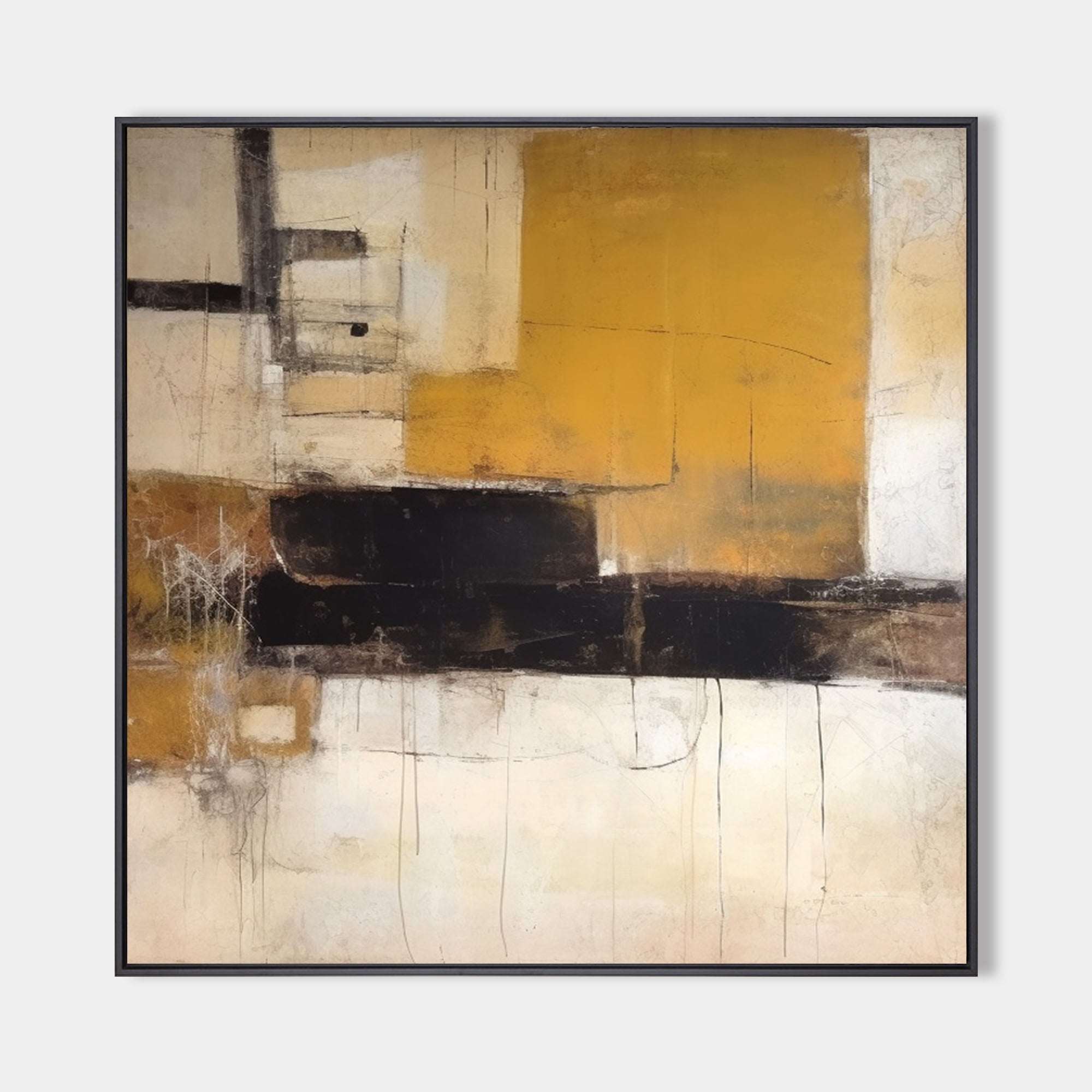 Original hand painted amber ochre black ivory geometric abstract oil painting canvas wall art, nordic scandinavian elegant luxury moder