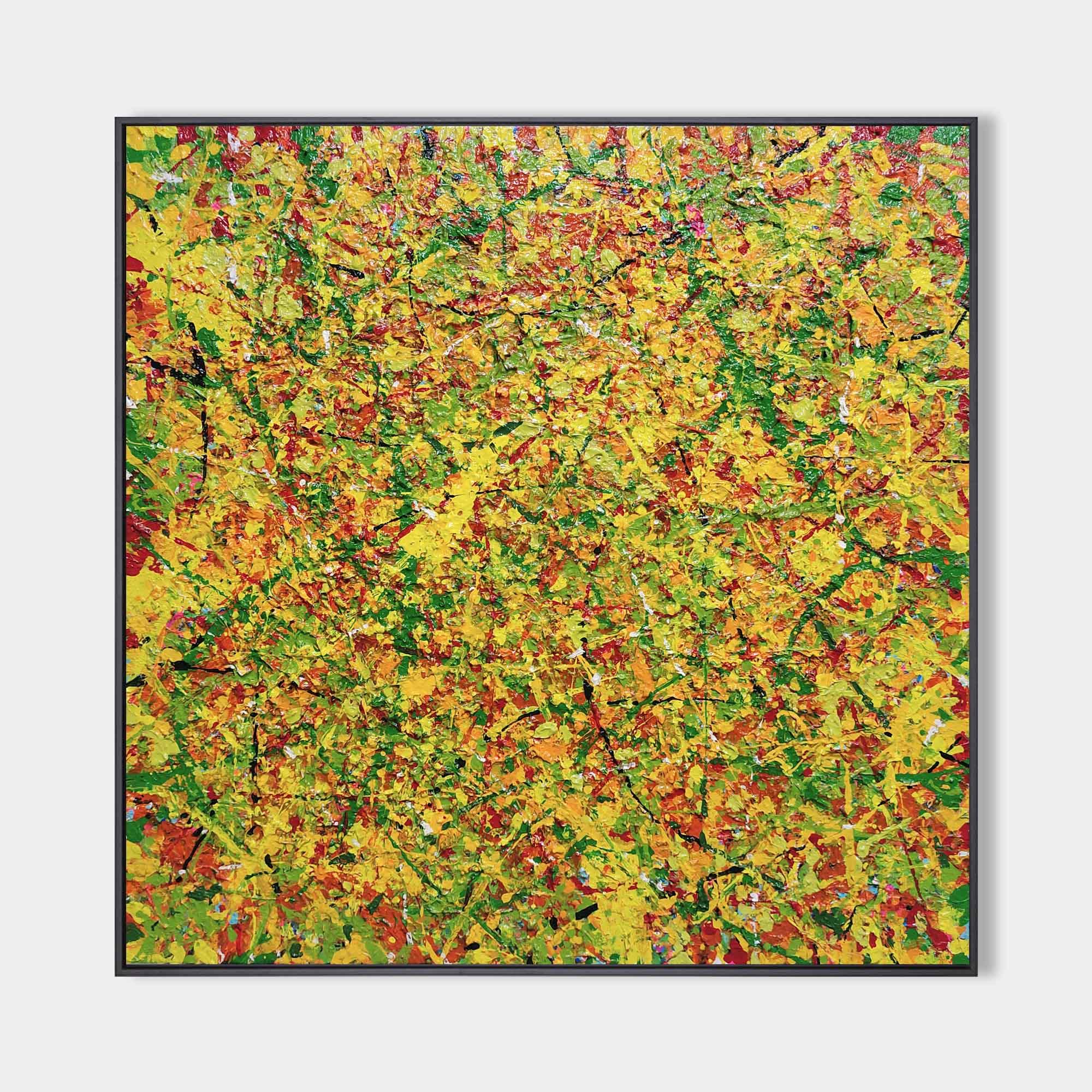 Original hand painted golden yellow abstract oil painting canvas wall art, rich textured red green luxury modern elegant nordic scandin