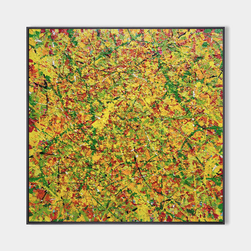 Original hand painted golden yellow abstract oil painting canvas wall art, rich textured red green luxury modern elegant nordic scandin
