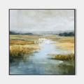 Original hand painted golden marsh landscape oil painting canvas wall art, misty blue river, elegant nordic scandinavian modern luxury