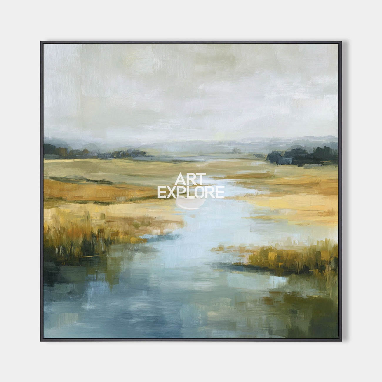 Original hand painted golden marsh landscape oil painting canvas wall art, misty blue river, elegant nordic scandinavian modern luxury