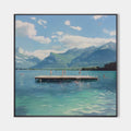 Original hand painted teal alpine lake dock oil painting canvas wall art, coastal elegant luxury modern scandinavian nordic living room