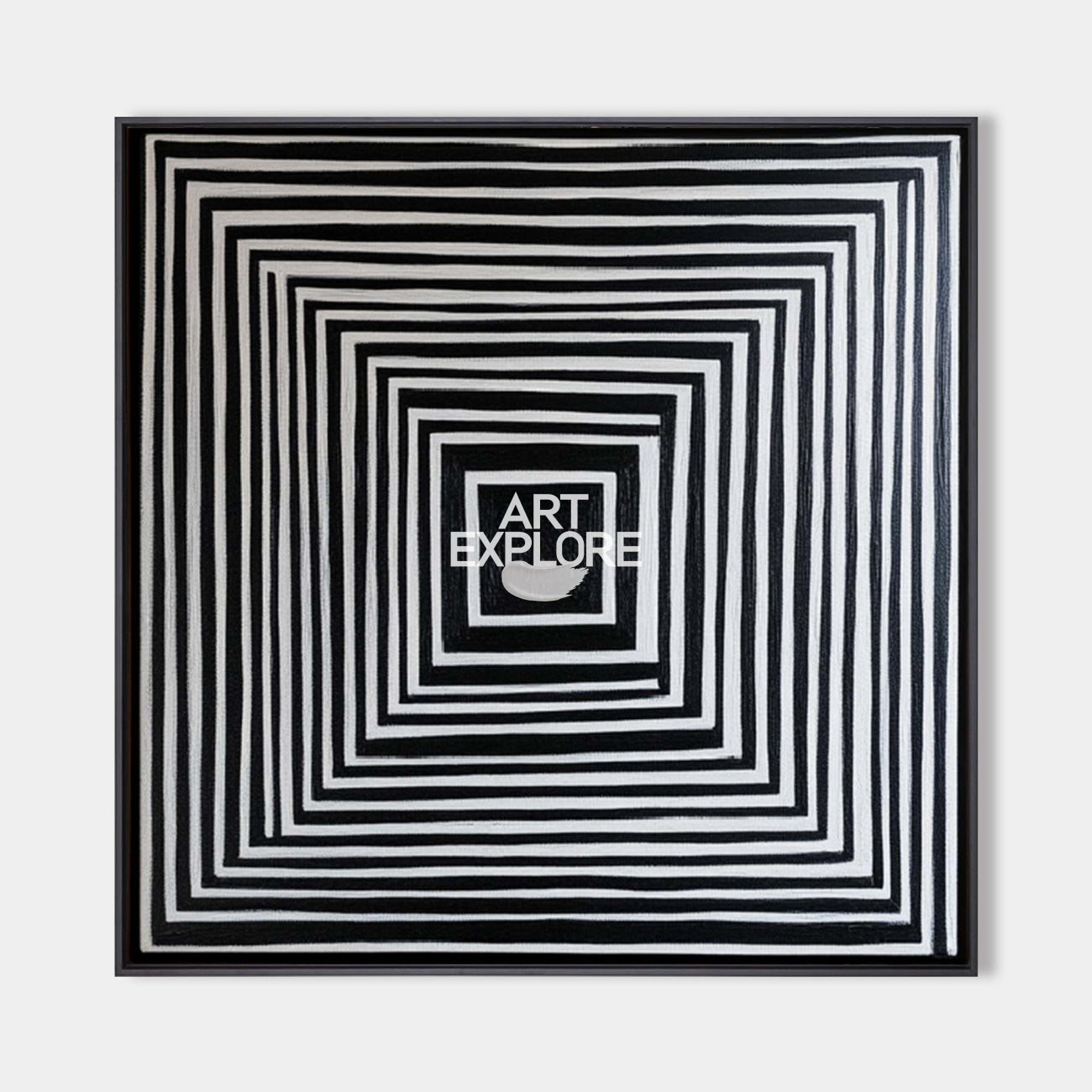Original hand painted black white concentric square geometric oil painting canvas wall art, nordic scandinavian minimalist elegant luxu