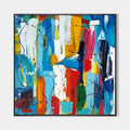 Original hand painted bold abstract oil painting canvas wall art, vivid blue red orange yellow brushstrokes, modern elegant luxury home
