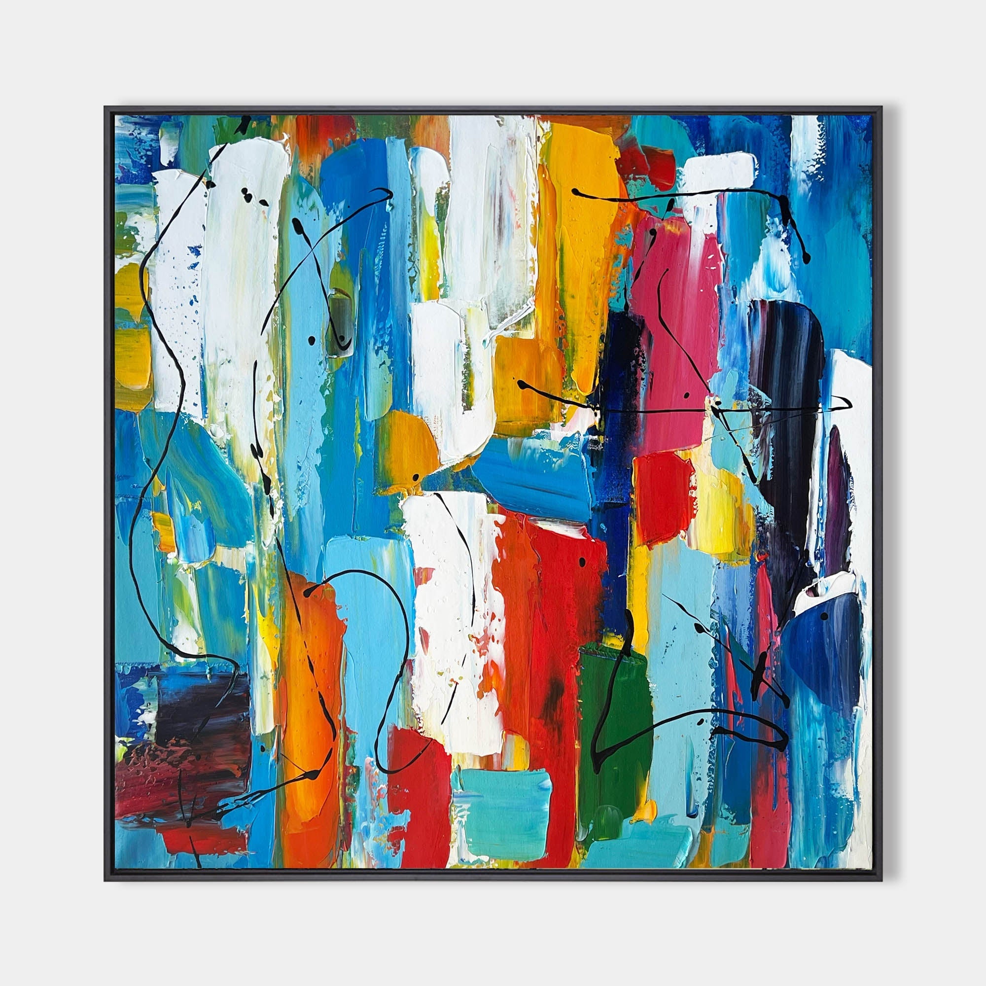 Original hand painted bold abstract oil painting canvas wall art, vivid blue red orange yellow brushstrokes, modern elegant luxury home