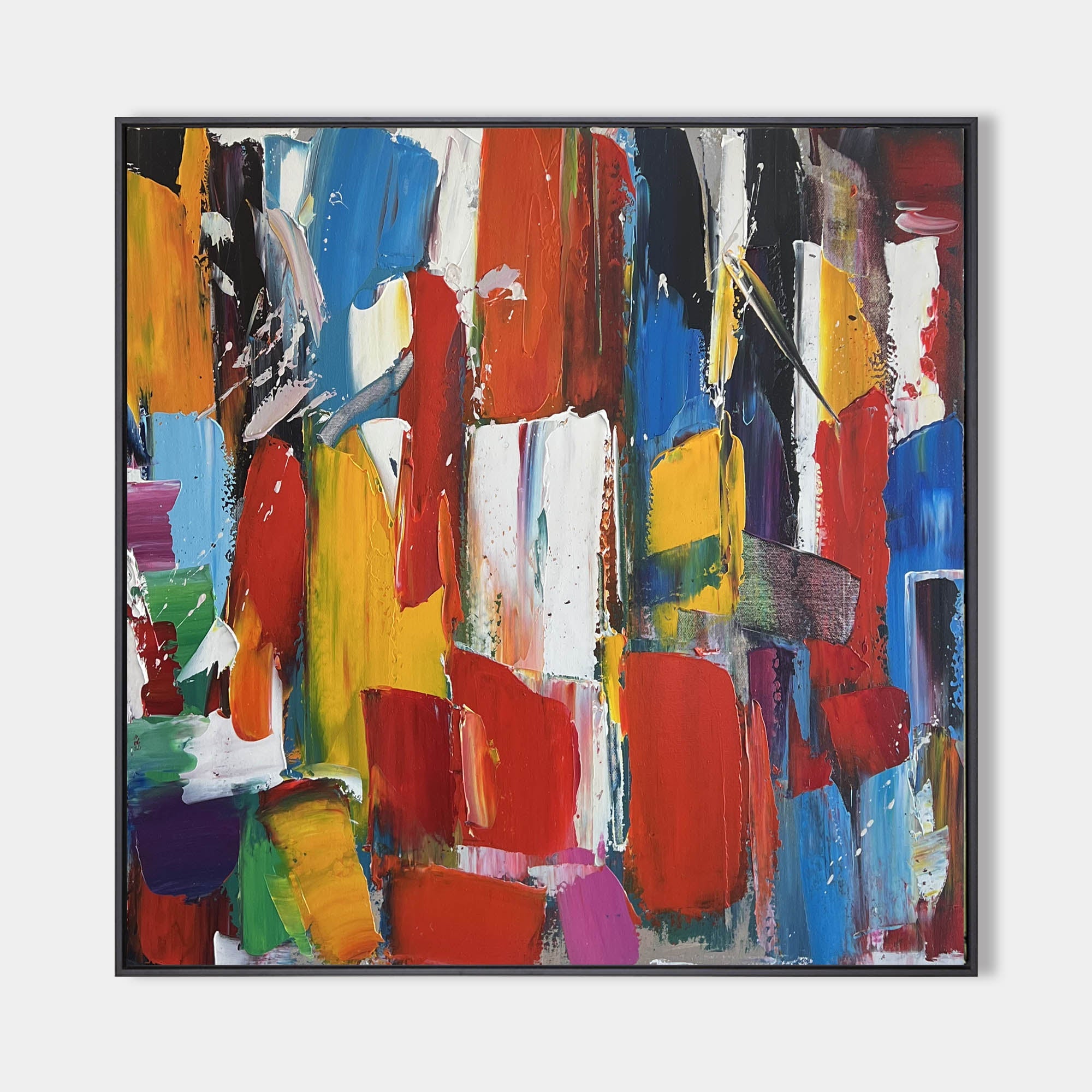 Original hand painted crimson red blue yellow abstract impasto oil painting canvas wall art, modern elegant luxury contemporary home de
