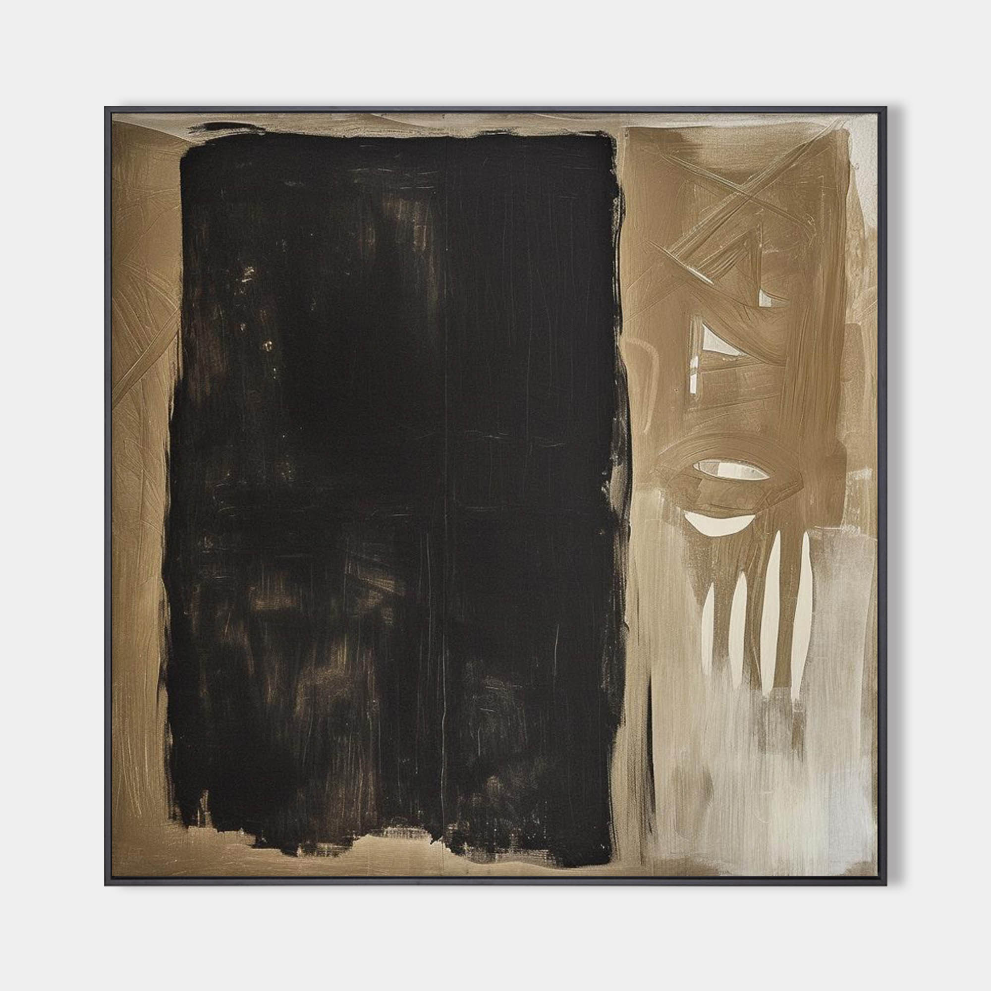 Original hand painted black tan abstract oil painting canvas wall art, nordic scandinavian minimalist elegant luxury modern living room