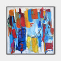 Original hand painted vivid abstract oil painting canvas, bold cobalt blue orange red yellow impasto brushstrokes, modern elegant luxur