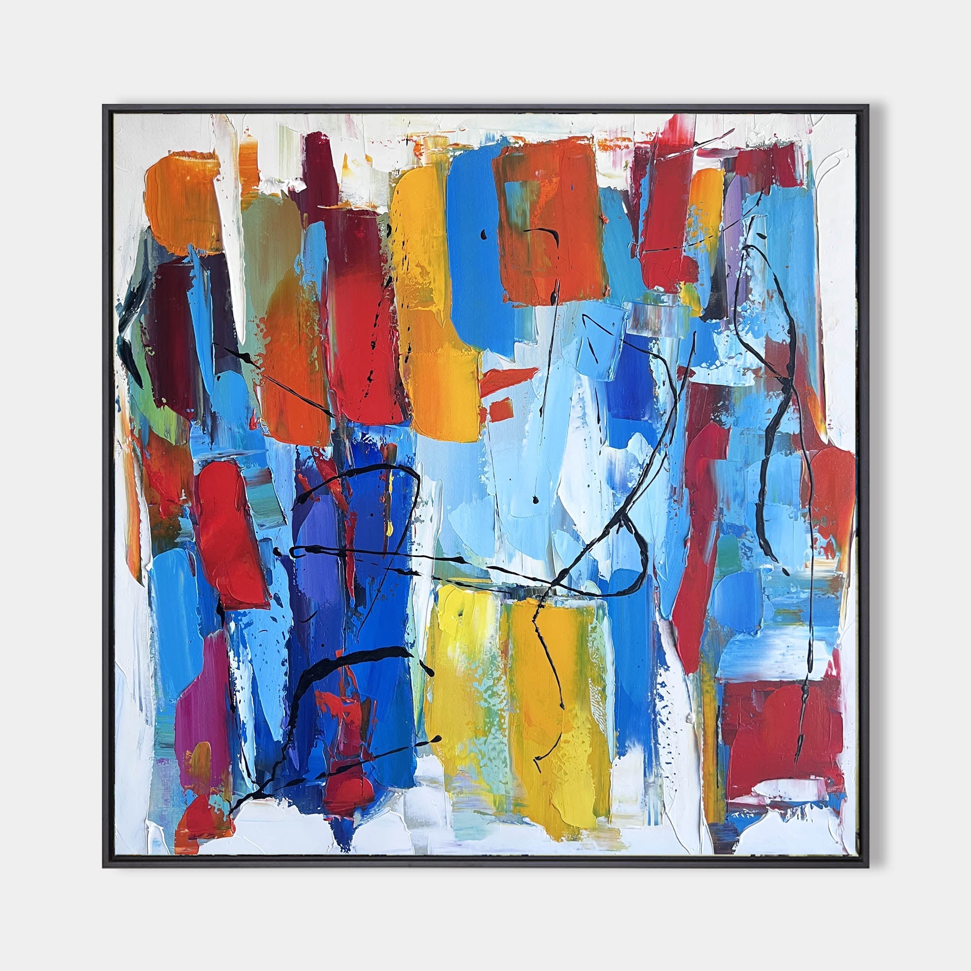 Original hand painted vivid abstract oil painting canvas, bold cobalt blue orange red yellow impasto brushstrokes, modern elegant luxur