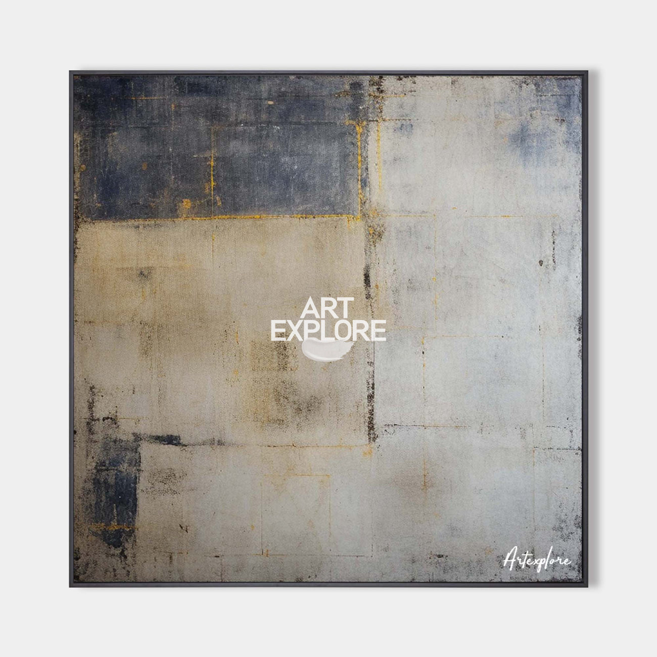 Hand painted original slate blue beige gold geometric abstract oil painting canvas wall art, nordic scandinavian elegant luxury modern