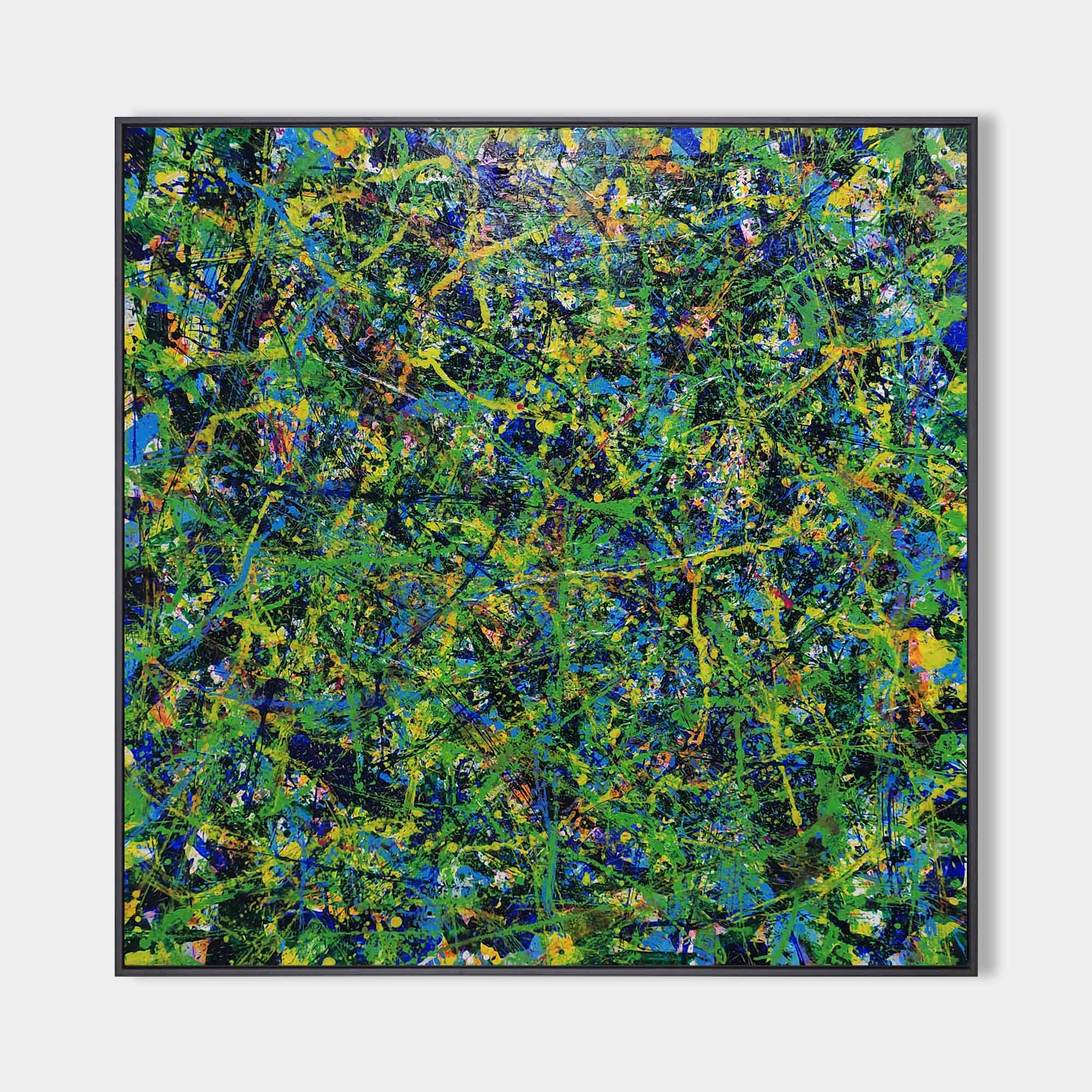Original hand painted green blue yellow abstract drip oil painting canvas wall art, modern elegant luxury abstract home decor interior