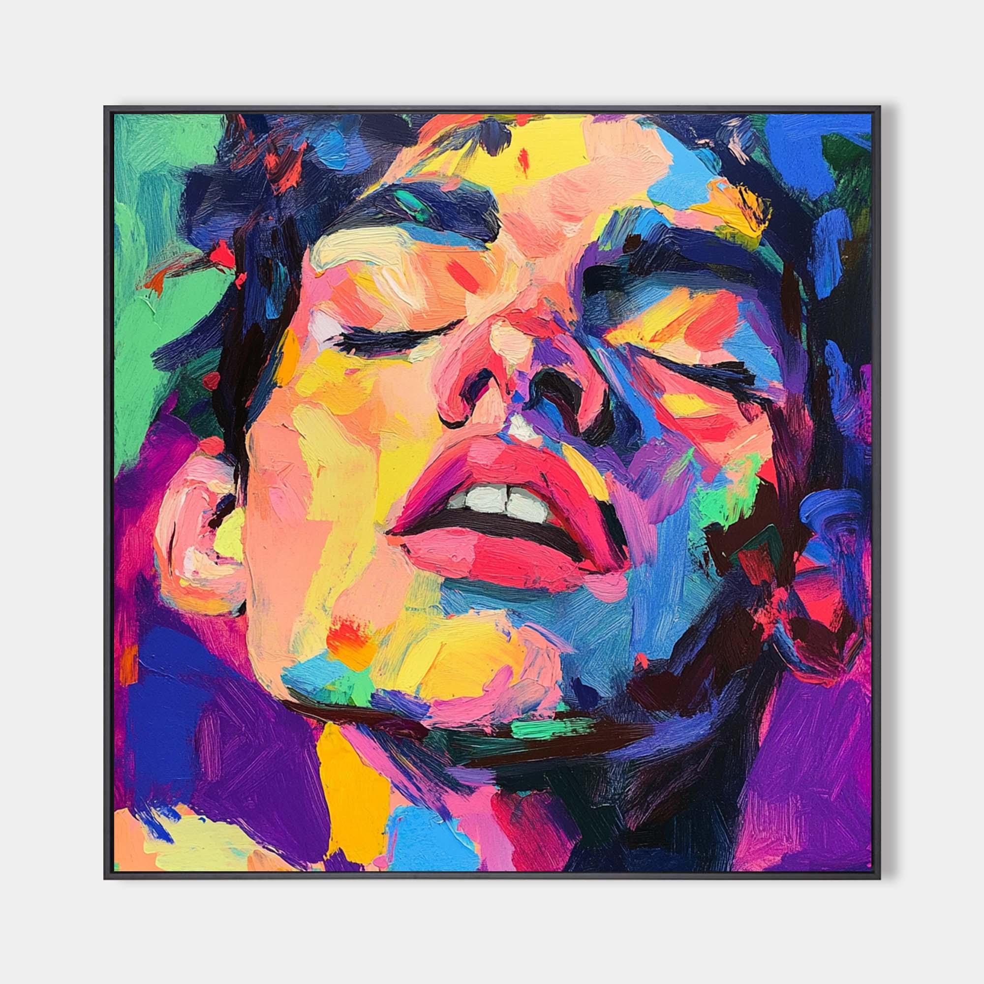Original hand painted abstract portrait oil painting canvas, vibrant crimson cobalt gold brushstrokes, elegant luxury modern home decor