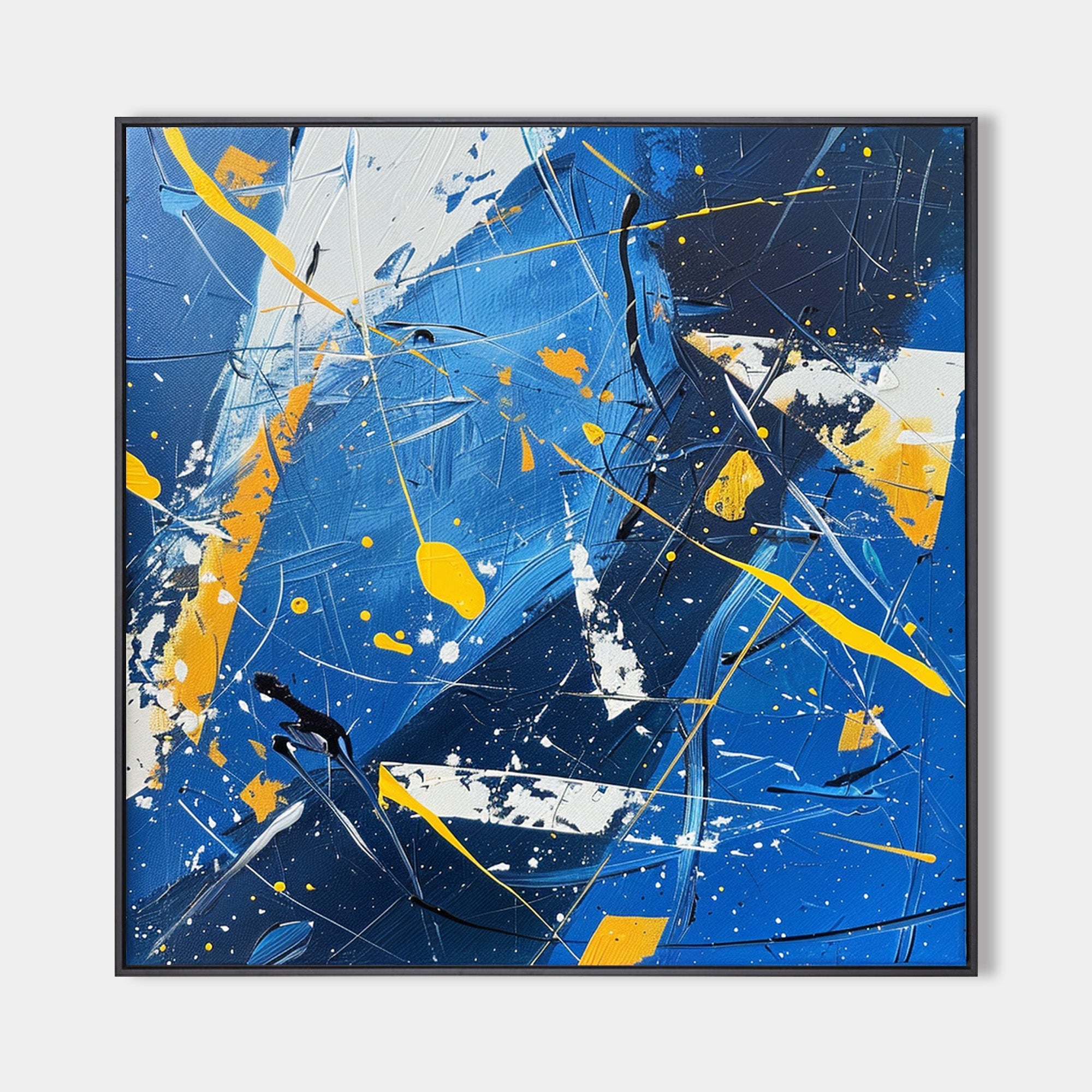 Original hand painted cobalt blue gold white abstract oil painting canvas wall art, modern scandinavian elegant luxury bold home decor