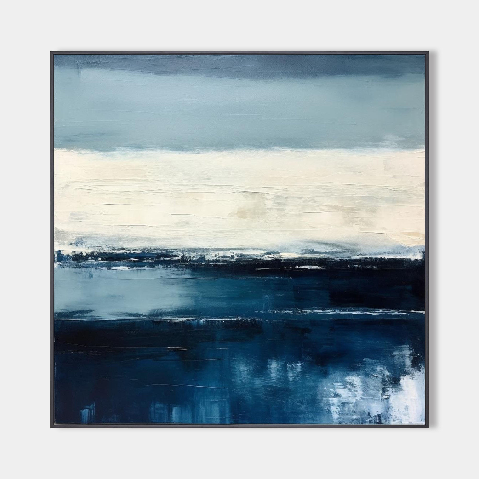Original hand painted navy blue teal ivory abstract coastal oil painting canvas wall art, nordic scandinavian minimalist elegant luxury
