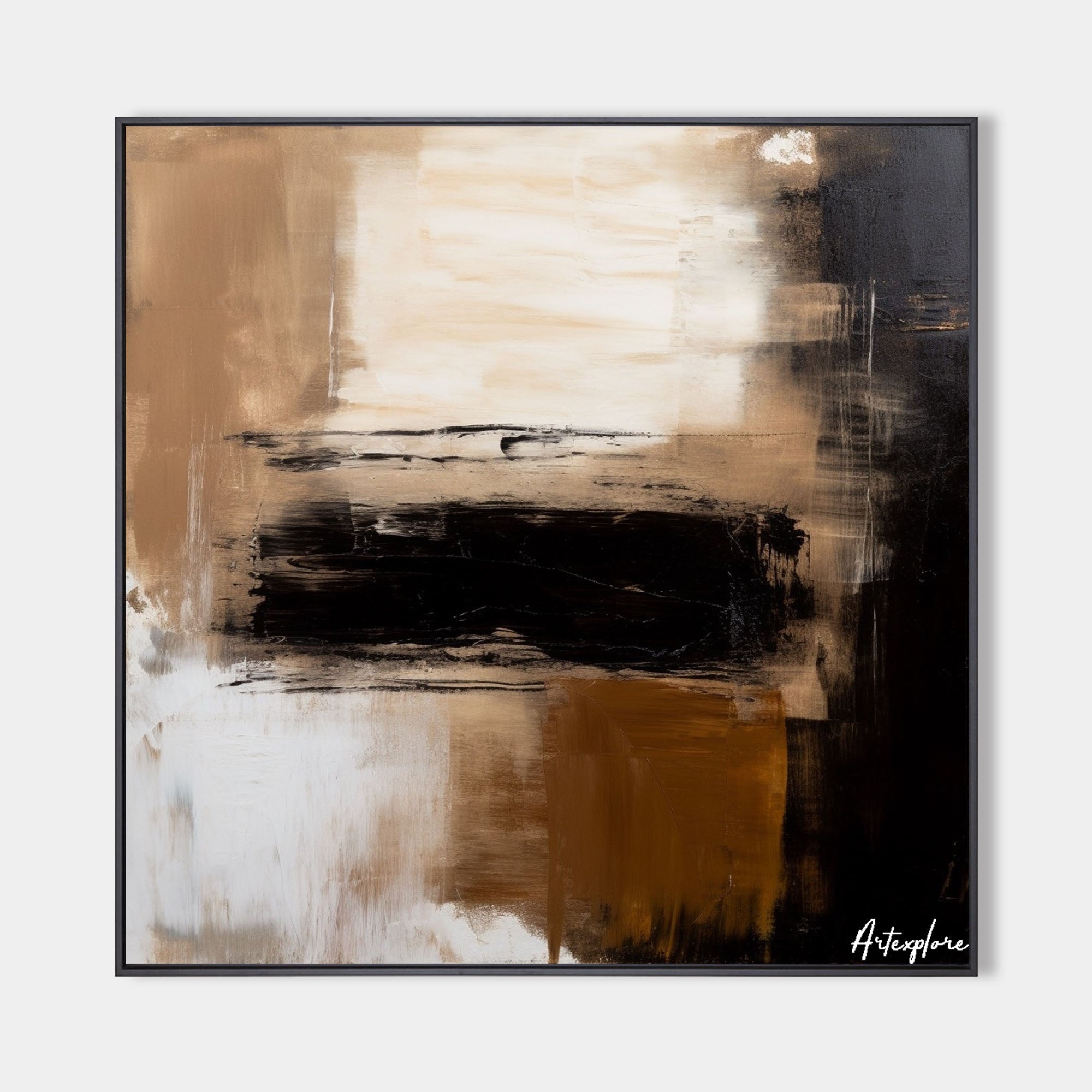Original hand painted amber black ivory abstract oil painting canvas wall art, nordic scandinavian minimalist elegant luxury modern liv