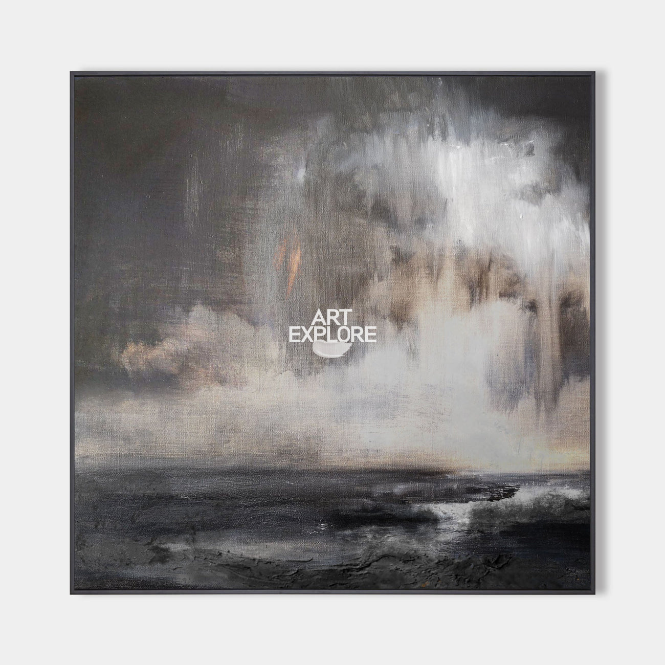 Original hand painted charcoal stormy seascape abstract oil painting canvas wall art, nordic scandinavian elegant luxury modern coastal