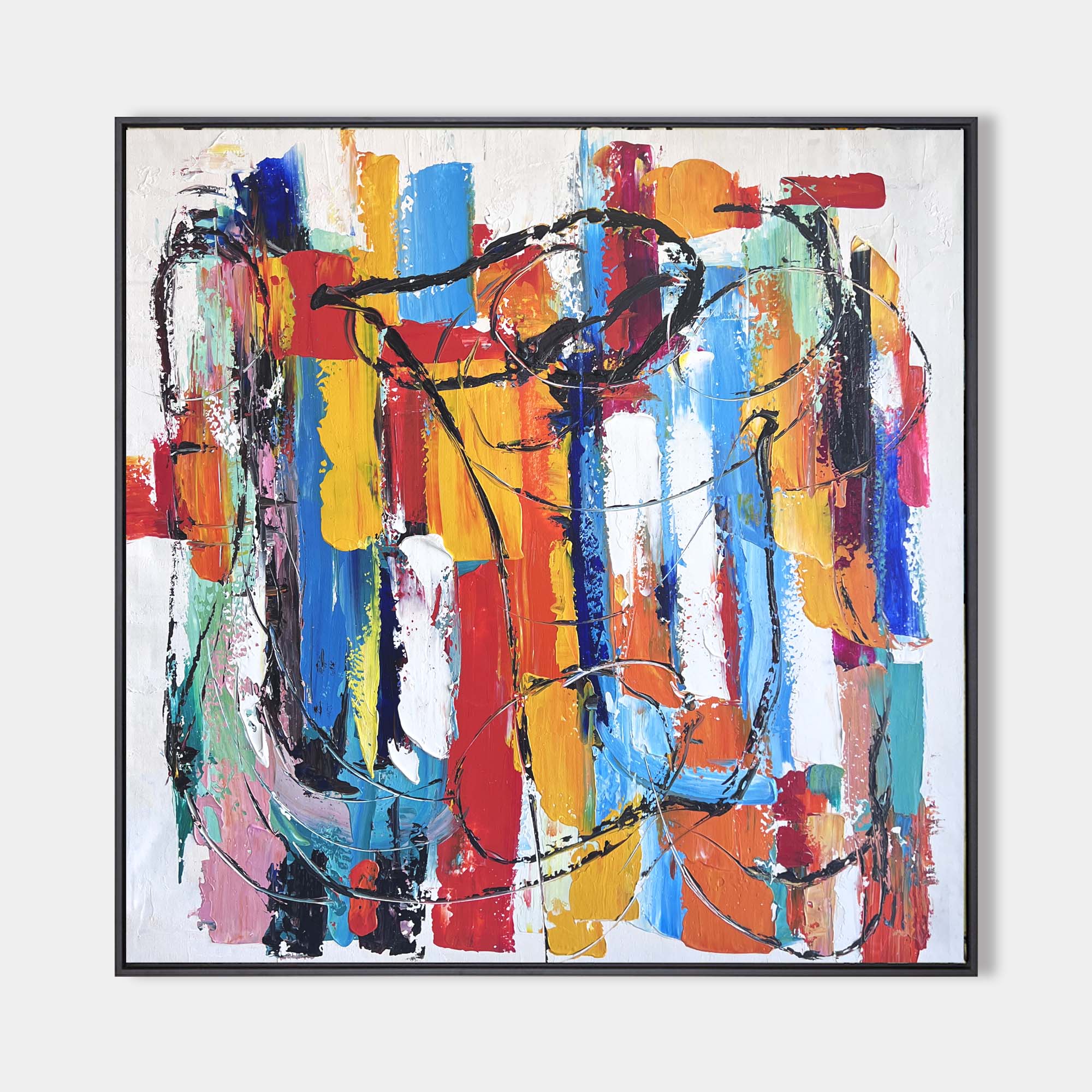 Original hand painted vibrant abstract oil painting canvas wall art, bold multicolor brushstrokes black swirling lines elegant modern l