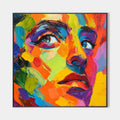 Original hand painted vibrant abstract face oil painting canvas wall art, bold colorful modern elegant luxury contemporary living room