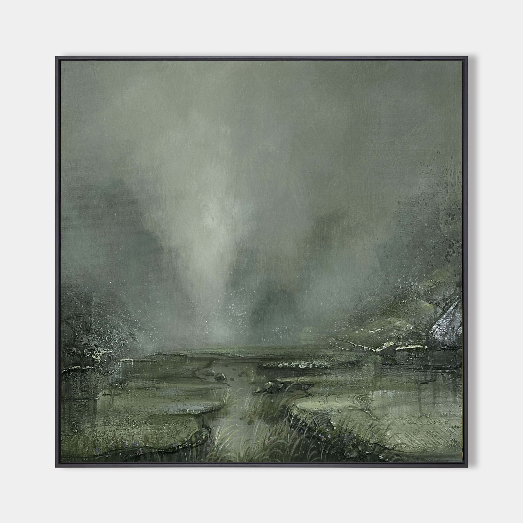 Original hand painted sage green abstract landscape oil painting canvas wall art, nordic scandinavian minimalist elegant luxury modern