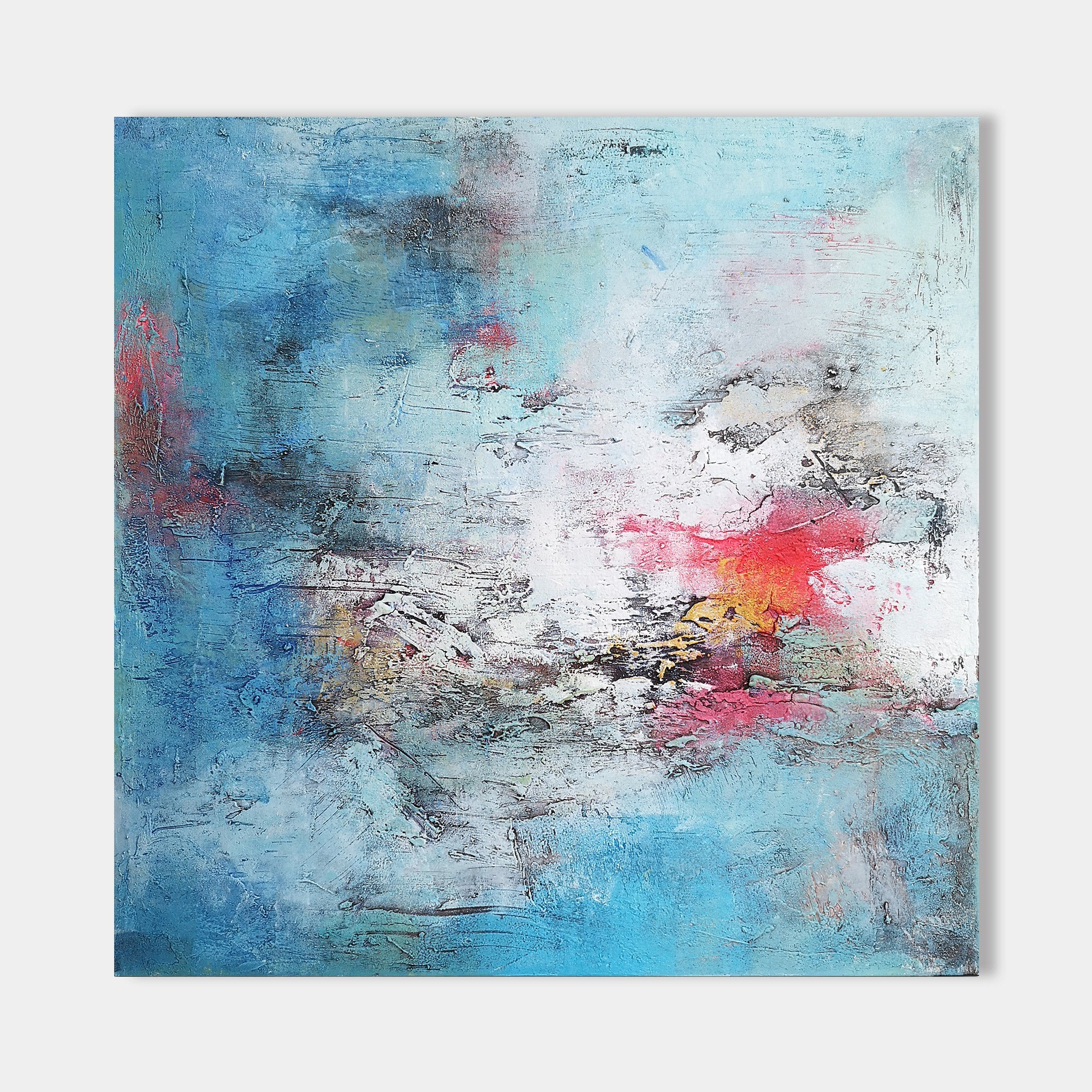 Original hand painted blue abstract oil painting canvas wall art, crimson ember accents, textured nordic scandinavian elegant luxury mo