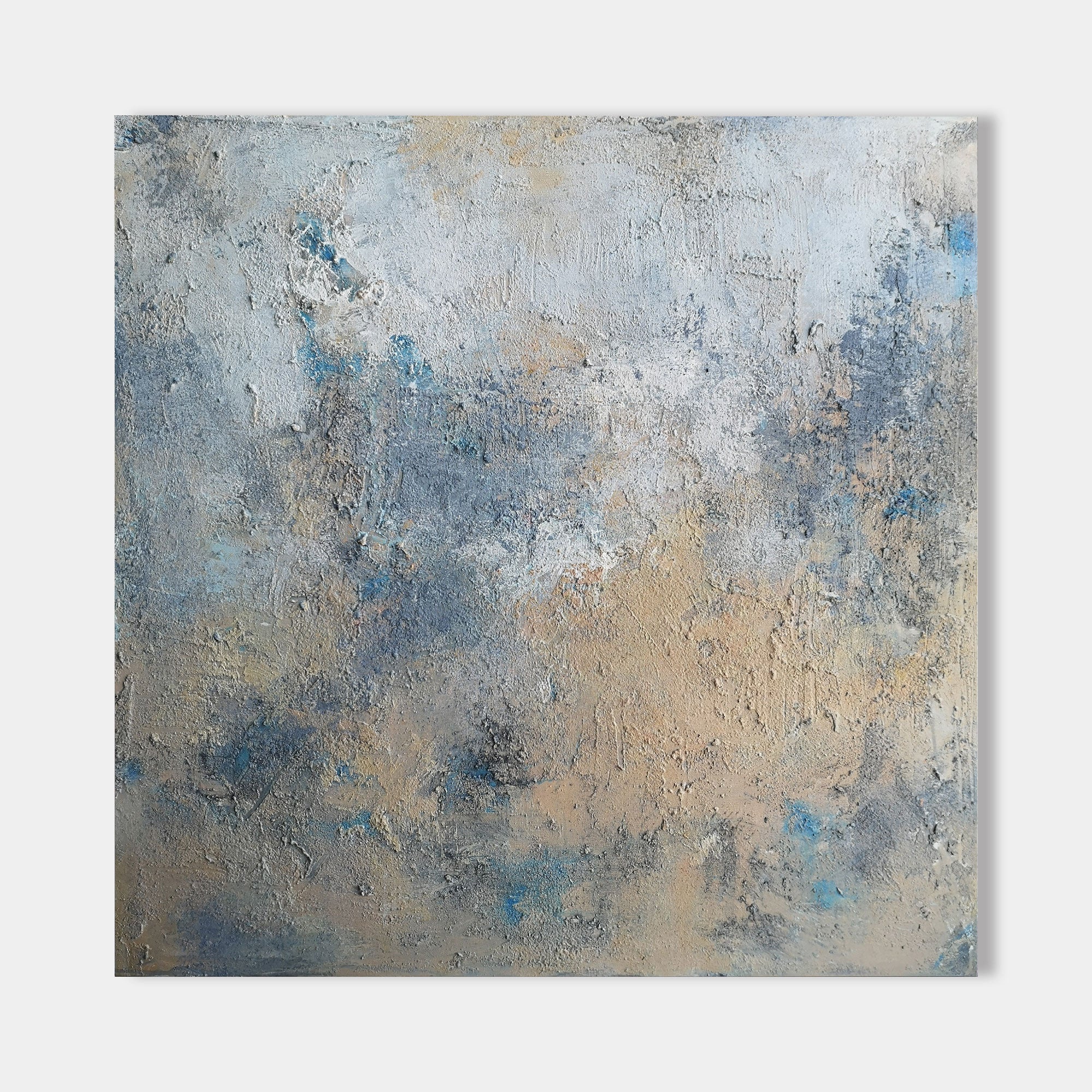 Original hand painted blue grey sandy beige textured abstract oil painting canvas wall art, nordic scandinavian coastal elegant luxury