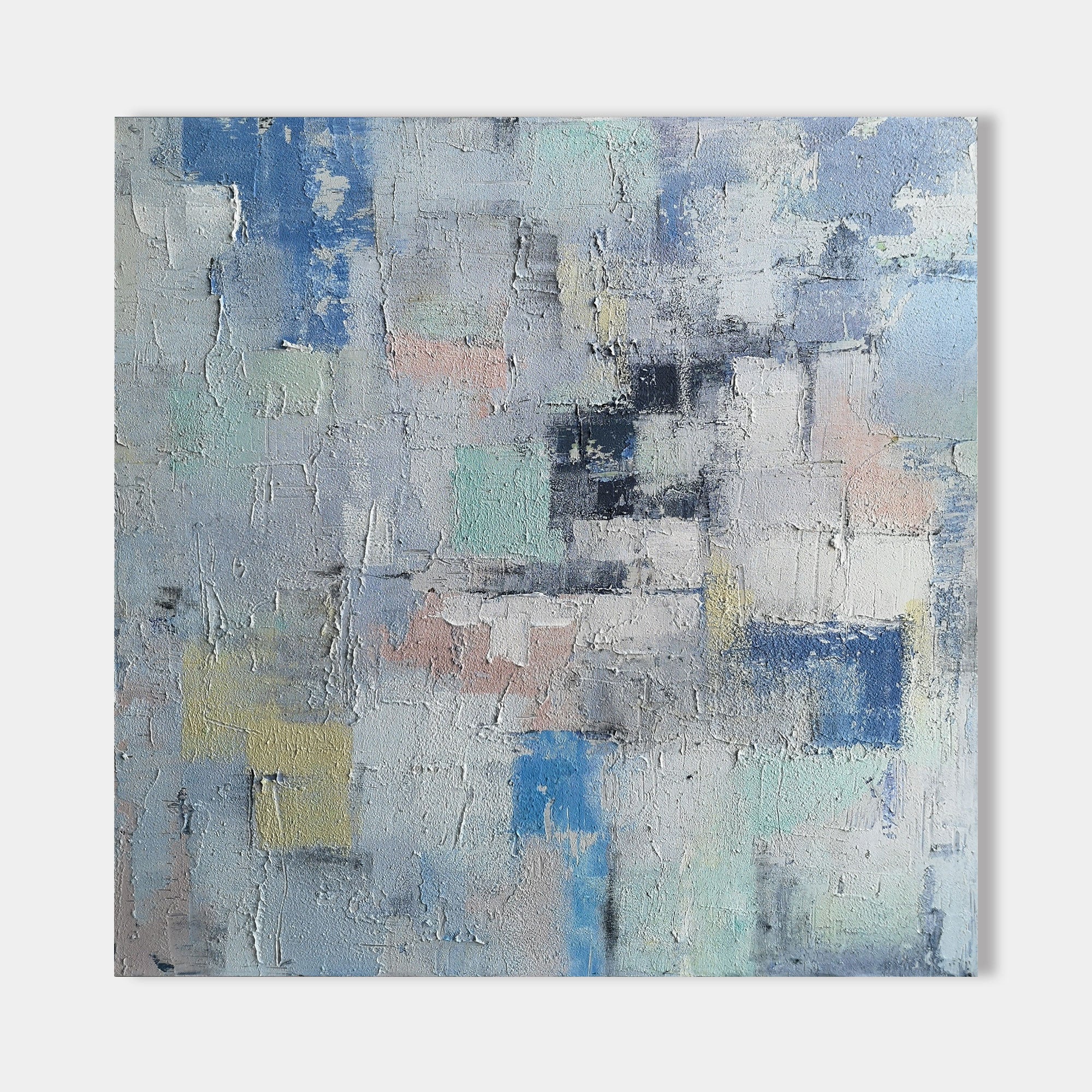 Original hand painted blue grey geometric abstract oil painting canvas wall art, nordic scandinavian minimalist elegant luxury modern l