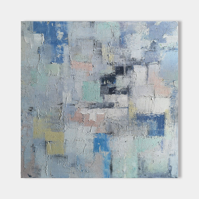 Original hand painted blue grey geometric abstract oil painting canvas wall art, nordic scandinavian minimalist elegant luxury modern l