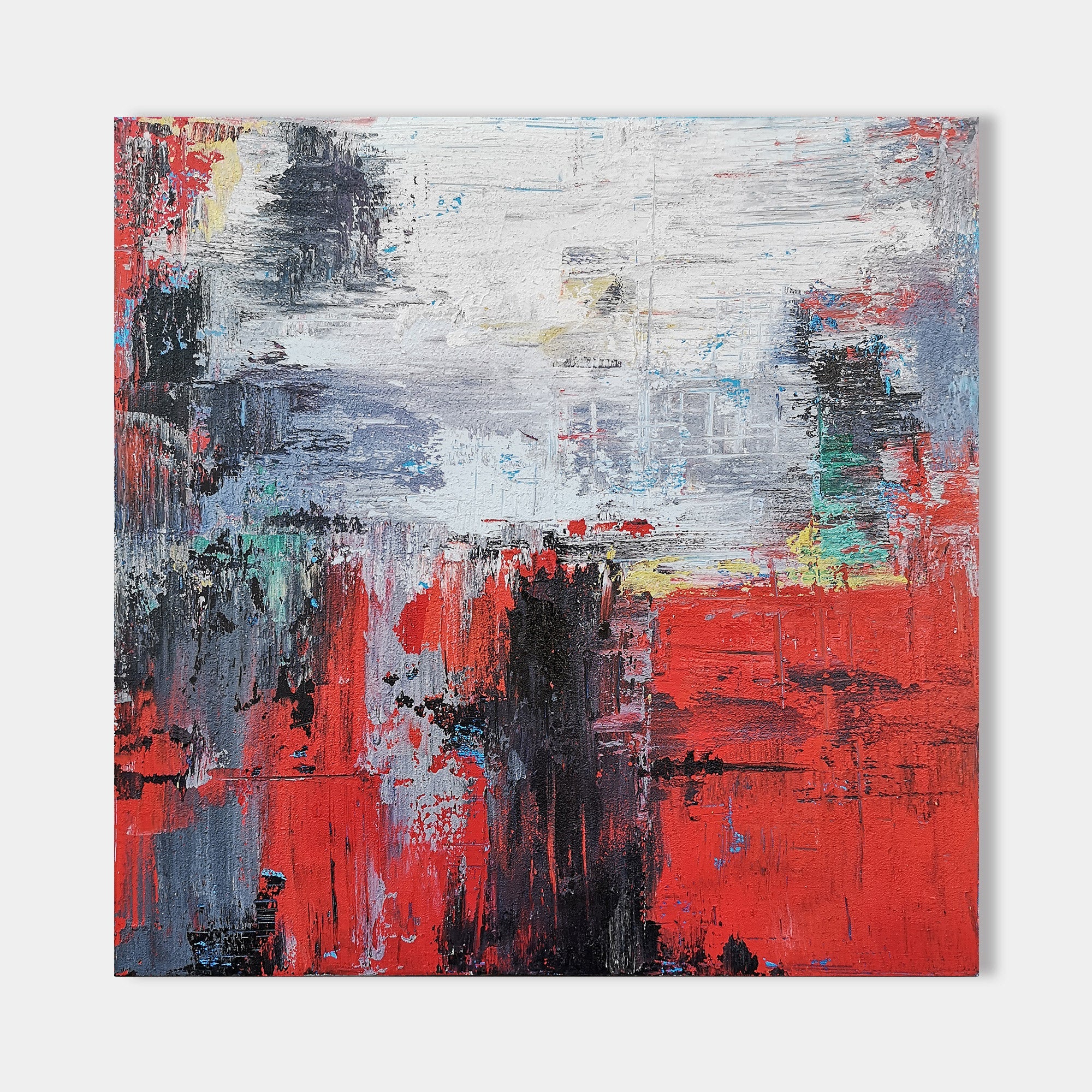 Original hand painted crimson red charcoal abstract oil painting canvas wall art, modern elegant luxury bold textured nordic scandinavi