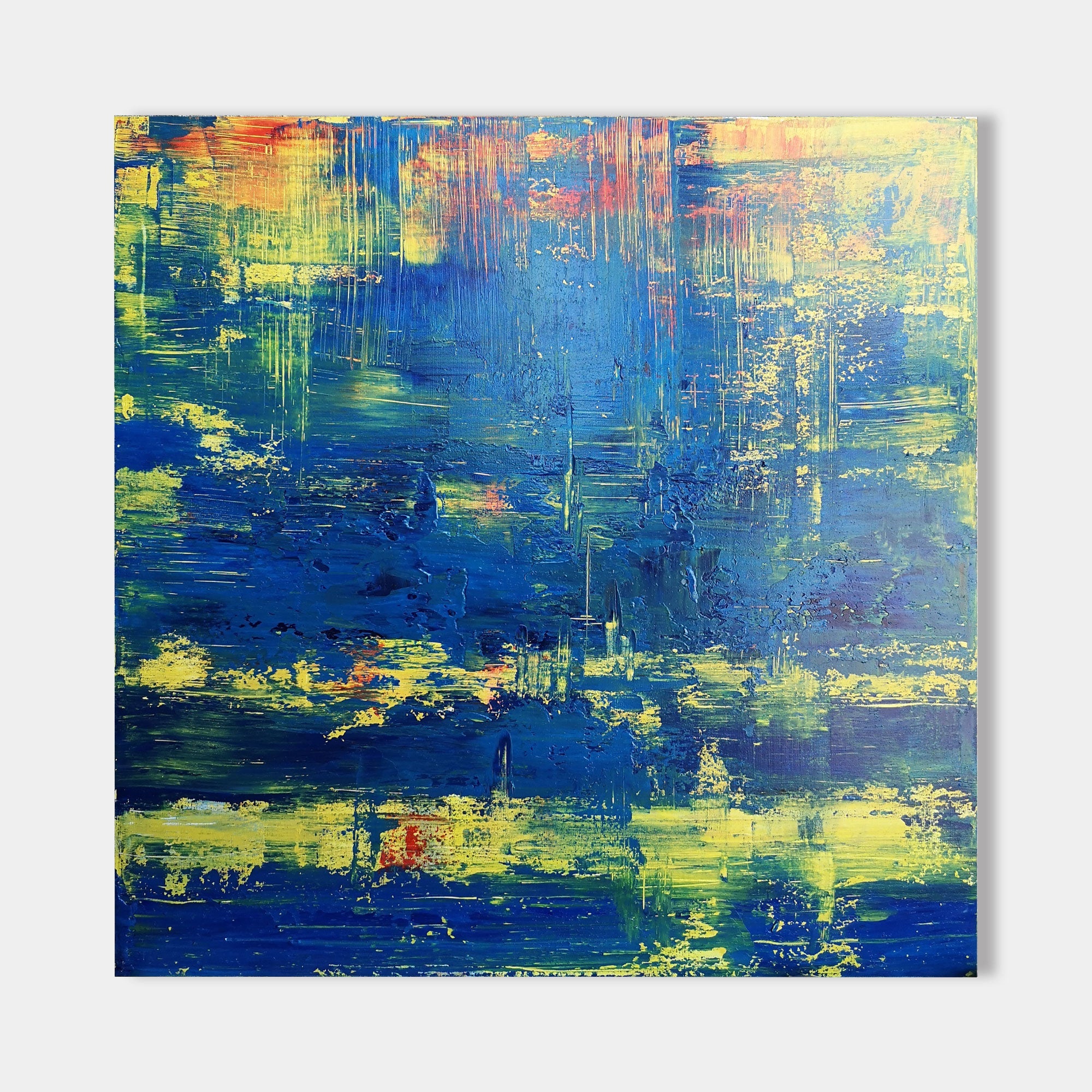 Original hand painted teal cobalt blue yellow abstract oil painting canvas wall art, modern elegant luxury nordic scandinavian home dec