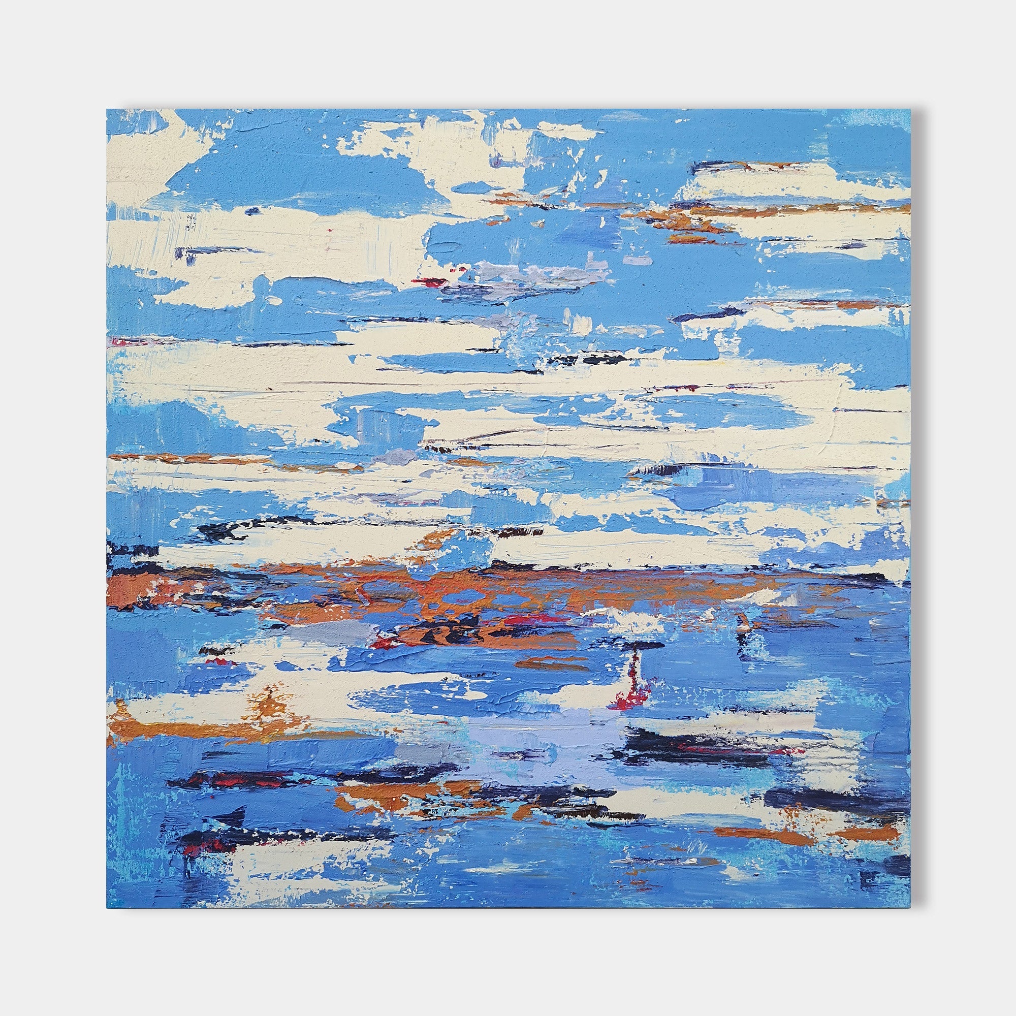 Original hand painted blue cream copper abstract coastal oil painting canvas wall art, nordic scandinavian elegant luxury modern home d
