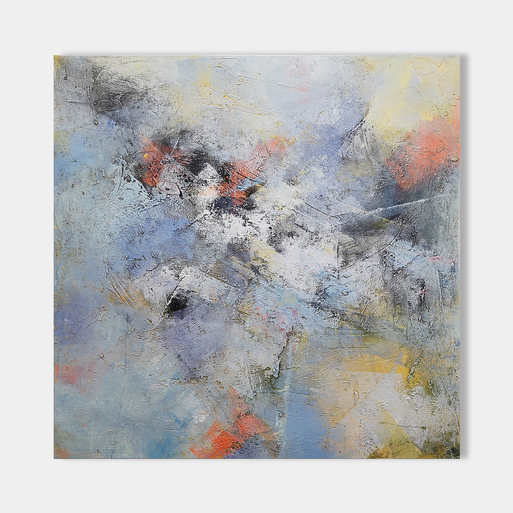 Original hand painted blue grey coral abstract oil painting canvas wall art, textured nordic scandinavian elegant luxury modern living