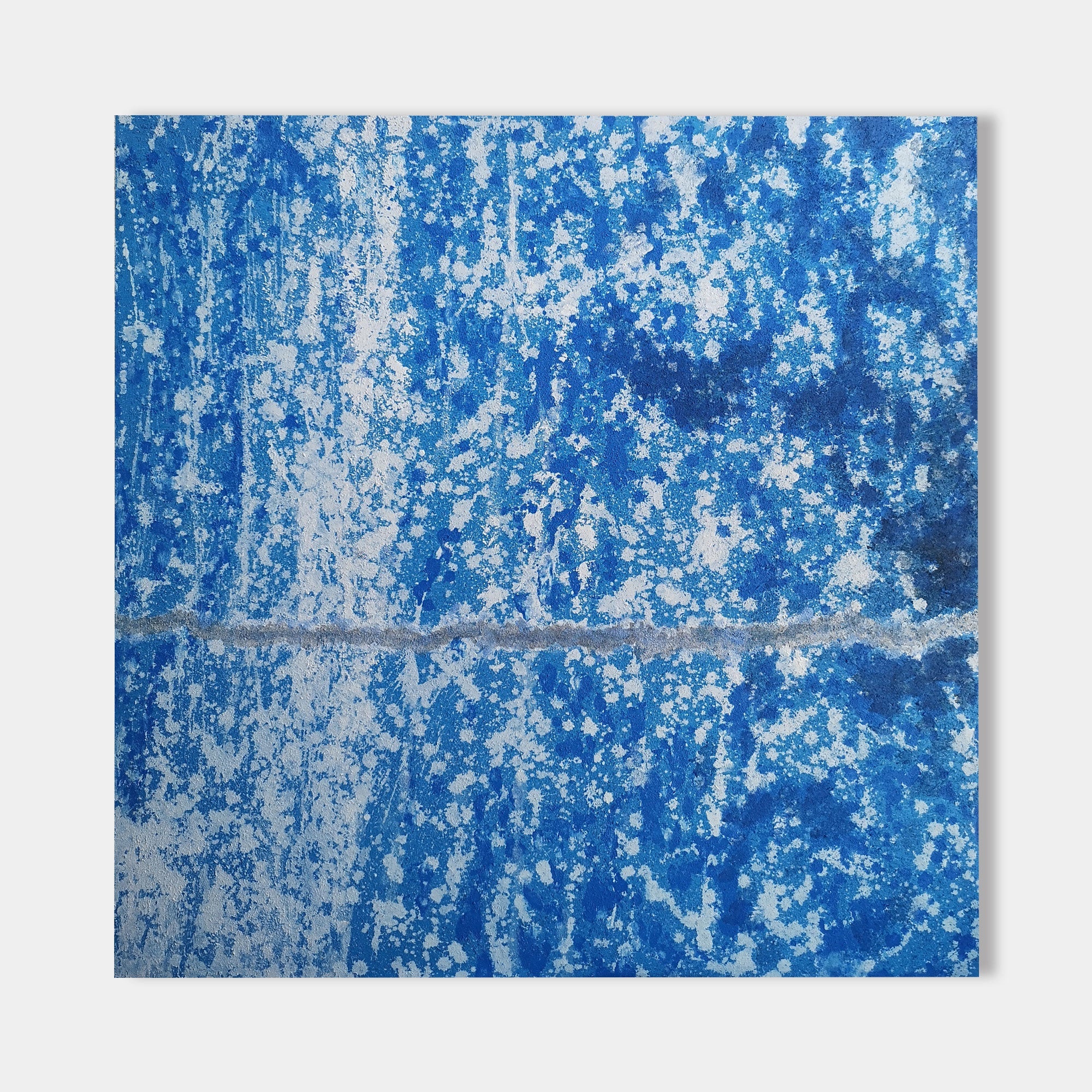 Original hand painted cobalt blue abstract oil painting canvas wall art, silver white splatter texture, nordic scandinavian elegant lux
