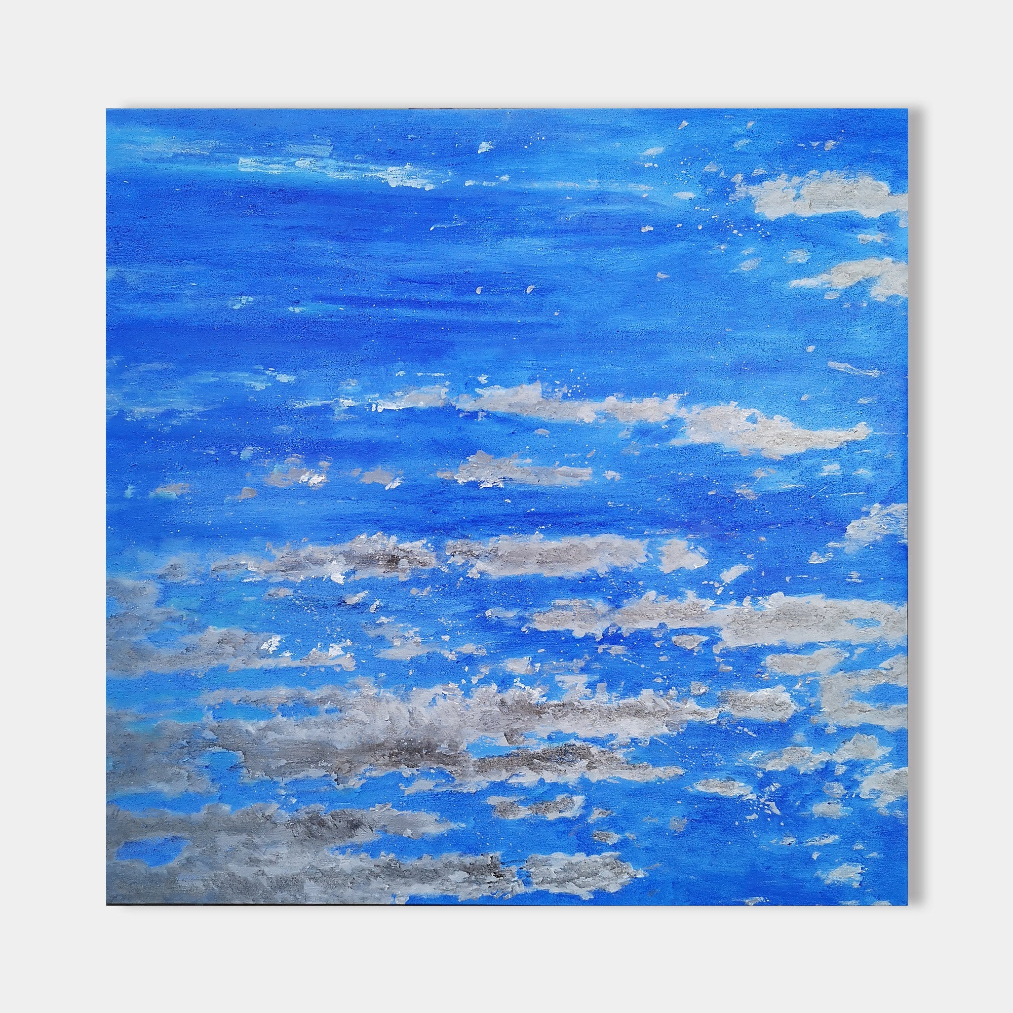 Original hand painted vivid cobalt blue abstract cloud oil painting canvas wall art, nordic scandinavian elegant luxury modern coastal
