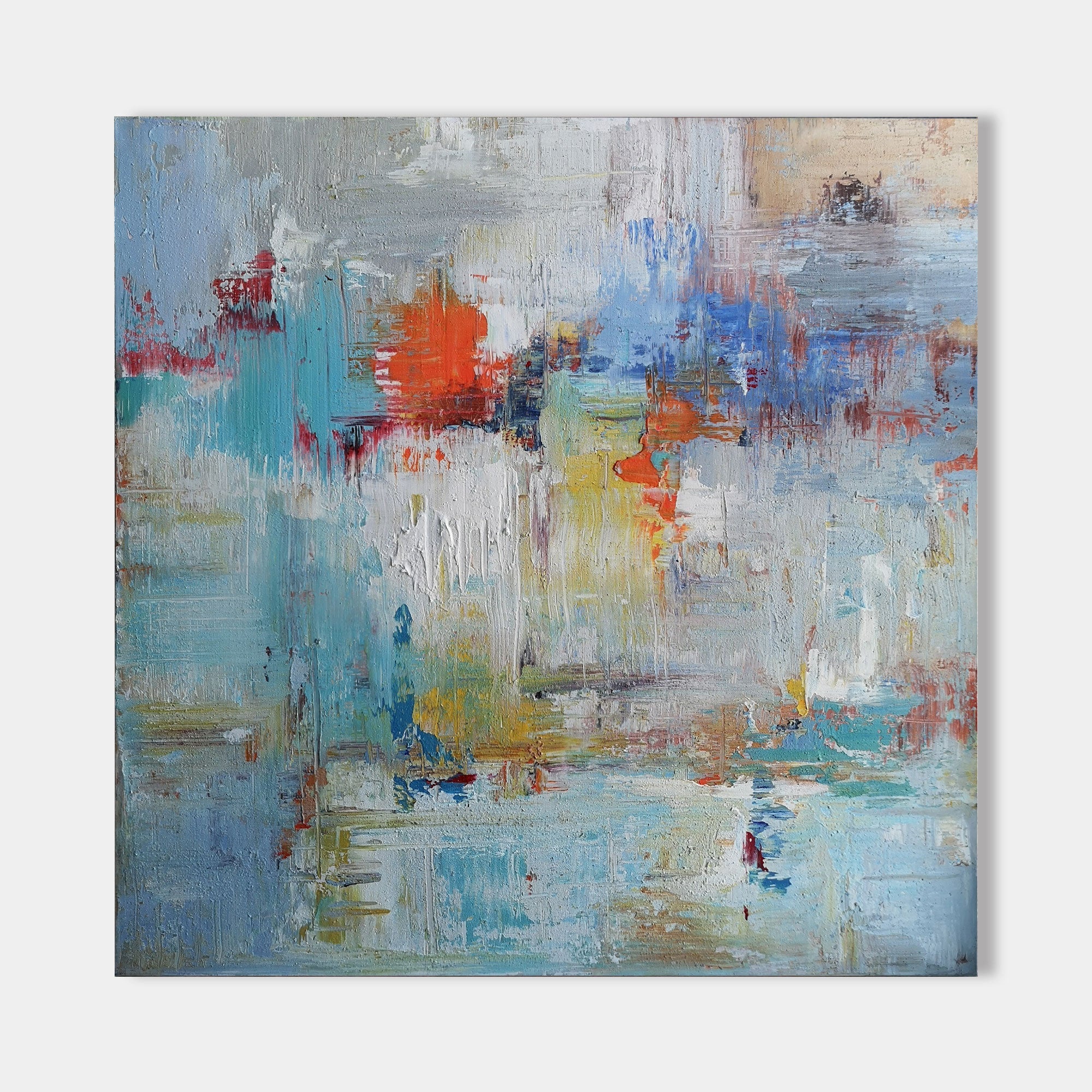 Original hand painted blue orange red abstract oil painting canvas wall art, coastal nordic scandinavian elegant luxury modern living r