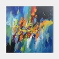 Original hand painted blue orange yellow abstract oil painting canvas wall art, modern elegant luxury contemporary living room interior