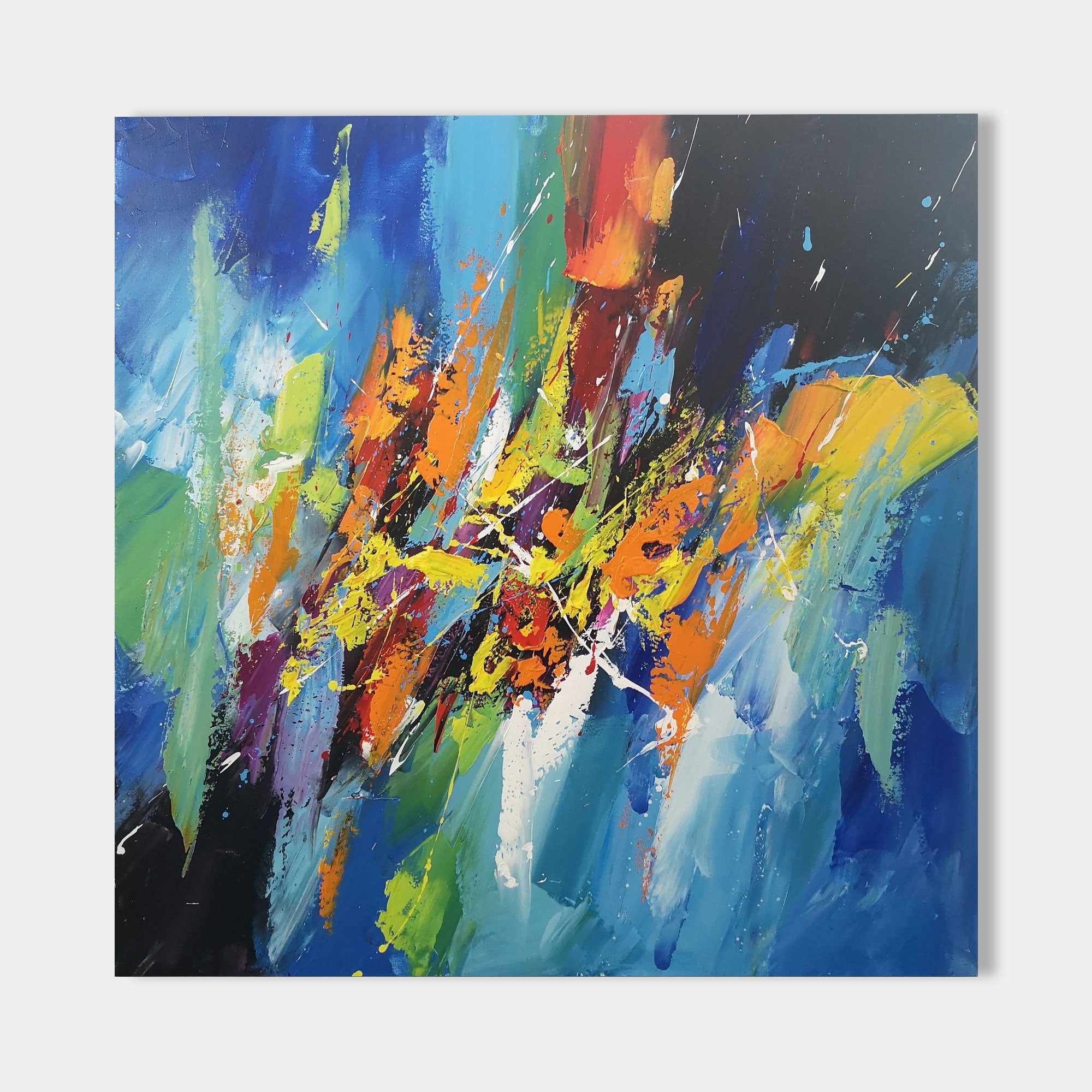 Original hand painted blue orange yellow abstract oil painting canvas wall art, modern elegant luxury contemporary living room interior