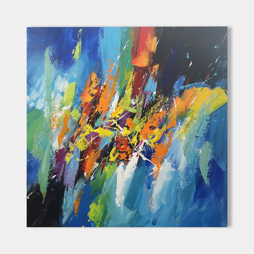 Original hand painted blue orange yellow abstract oil painting canvas wall art, modern elegant luxury contemporary living room interior