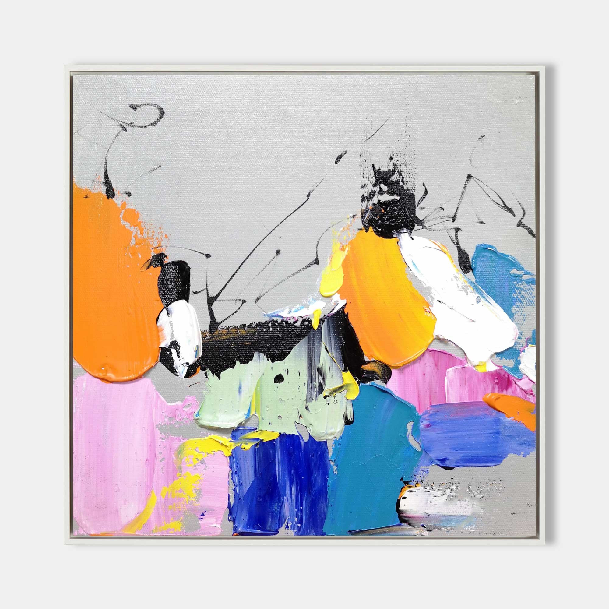 Original hand painted abstract oil painting canvas, vibrant orange pink blue yellow brushstrokes, grey background, elegant luxury moder