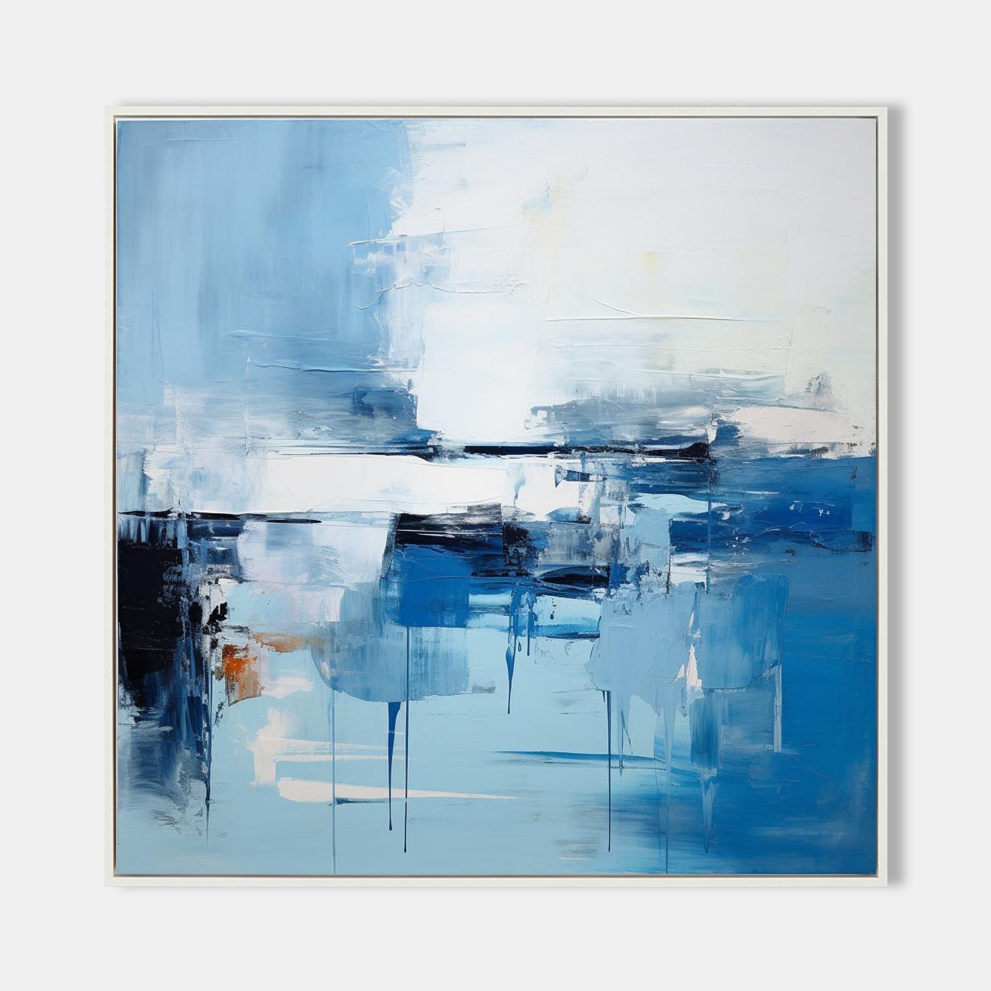 Original hand painted blue white abstract coastal oil painting canvas wall art, nordic scandinavian elegant luxury modern living room i