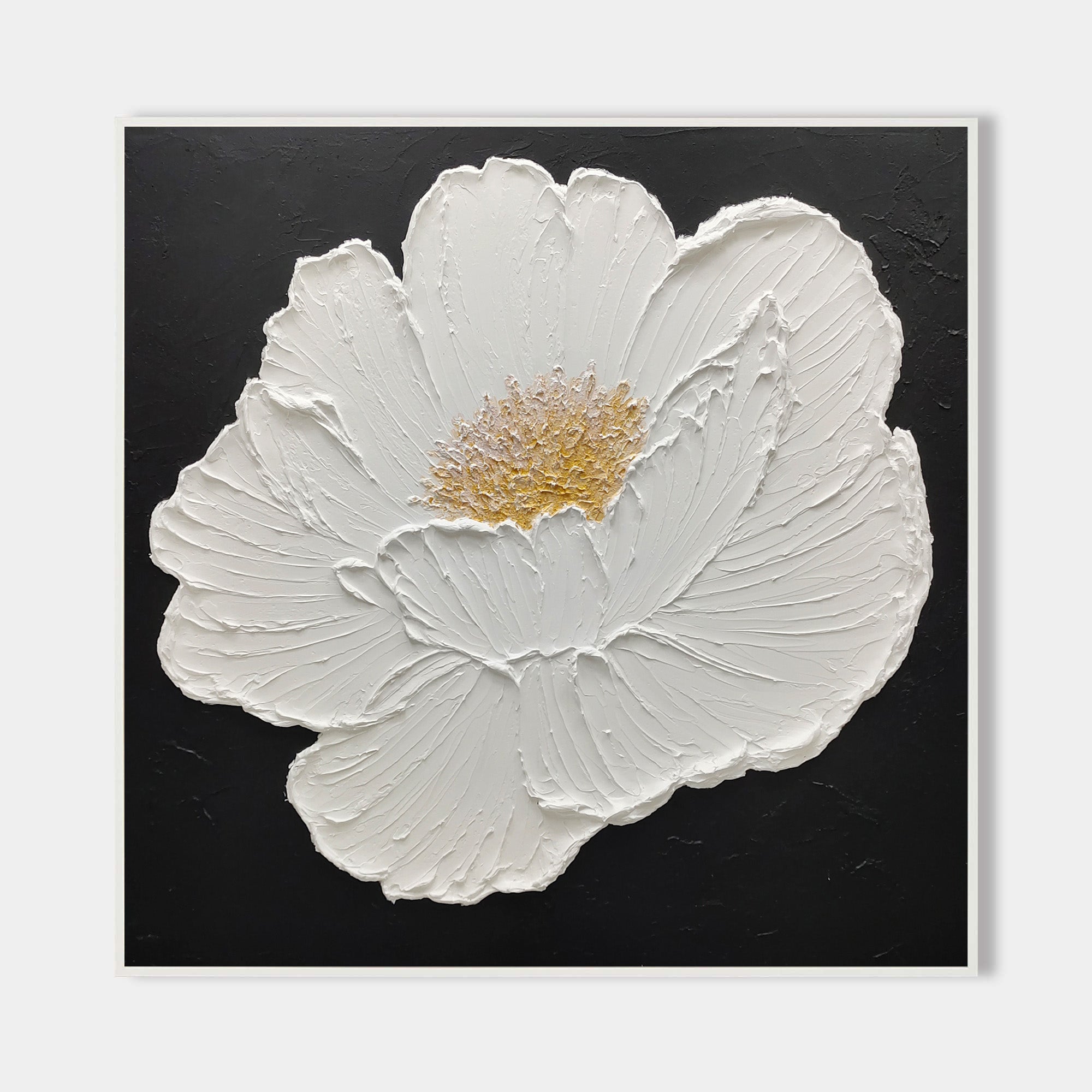 Original hand painted white peony floral oil painting gold centre black canvas, nordic scandinavian minimalist elegant luxury modern ho