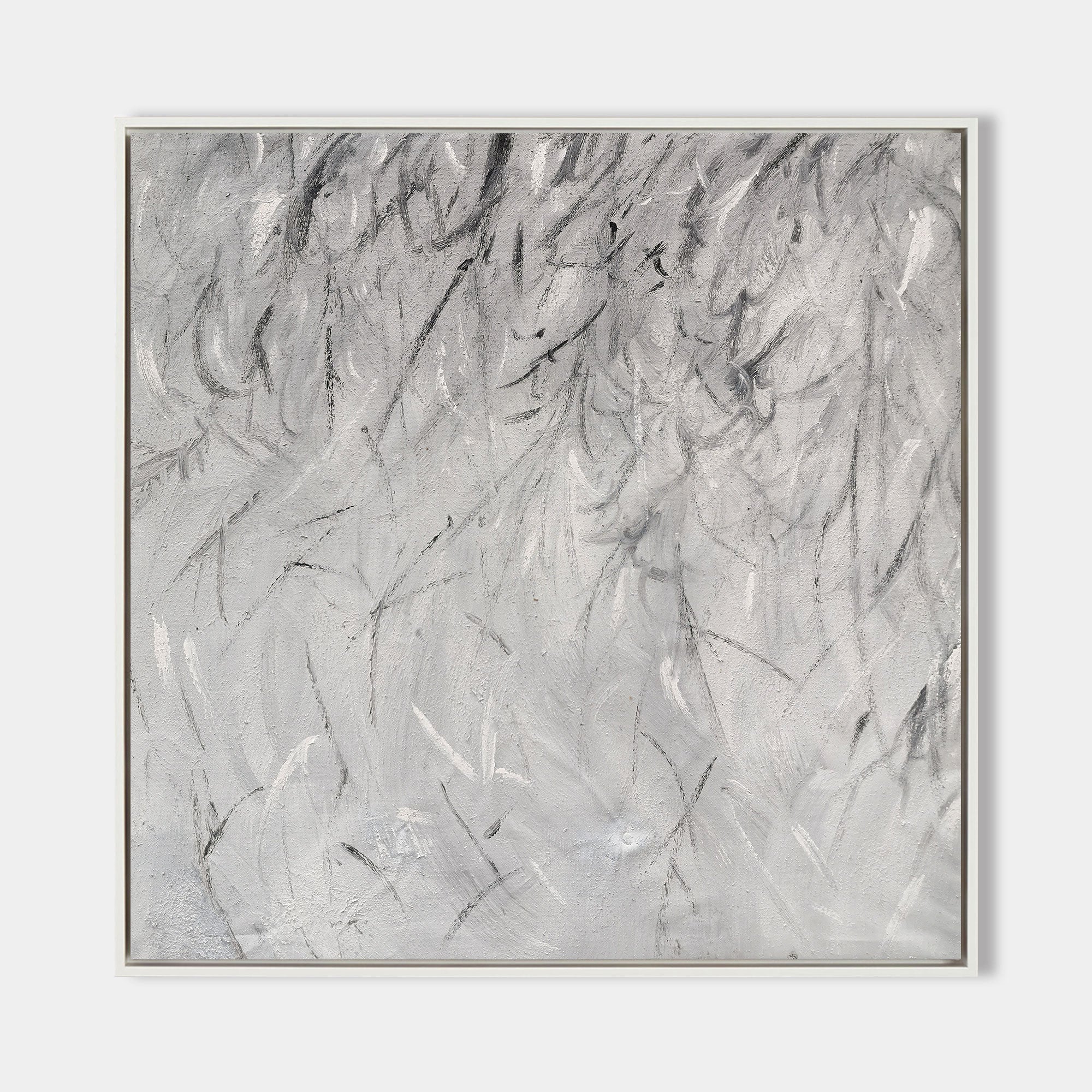 Original hand painted silver white abstract oil painting canvas wall art, textured brushstrokes nordic scandinavian minimalist elegant