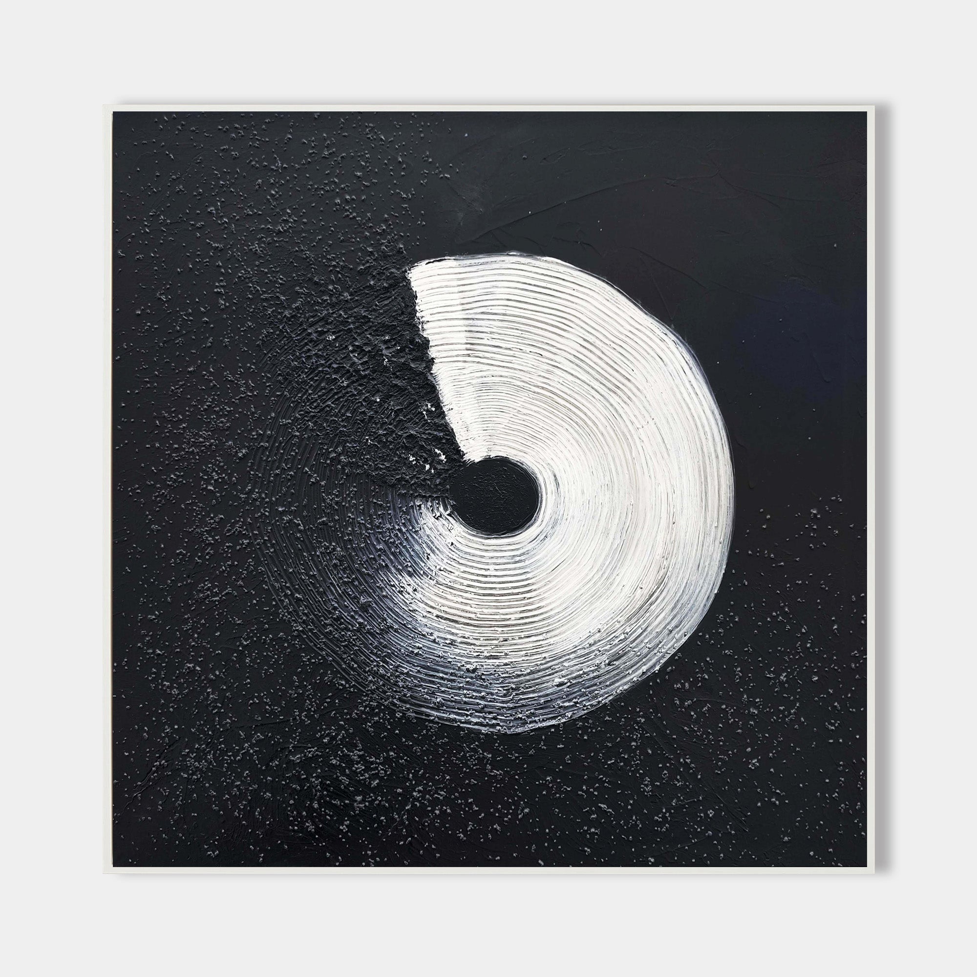 Original hand painted black white circular spiral abstract oil painting canvas, nordic minimalist elegant luxury modern living room int