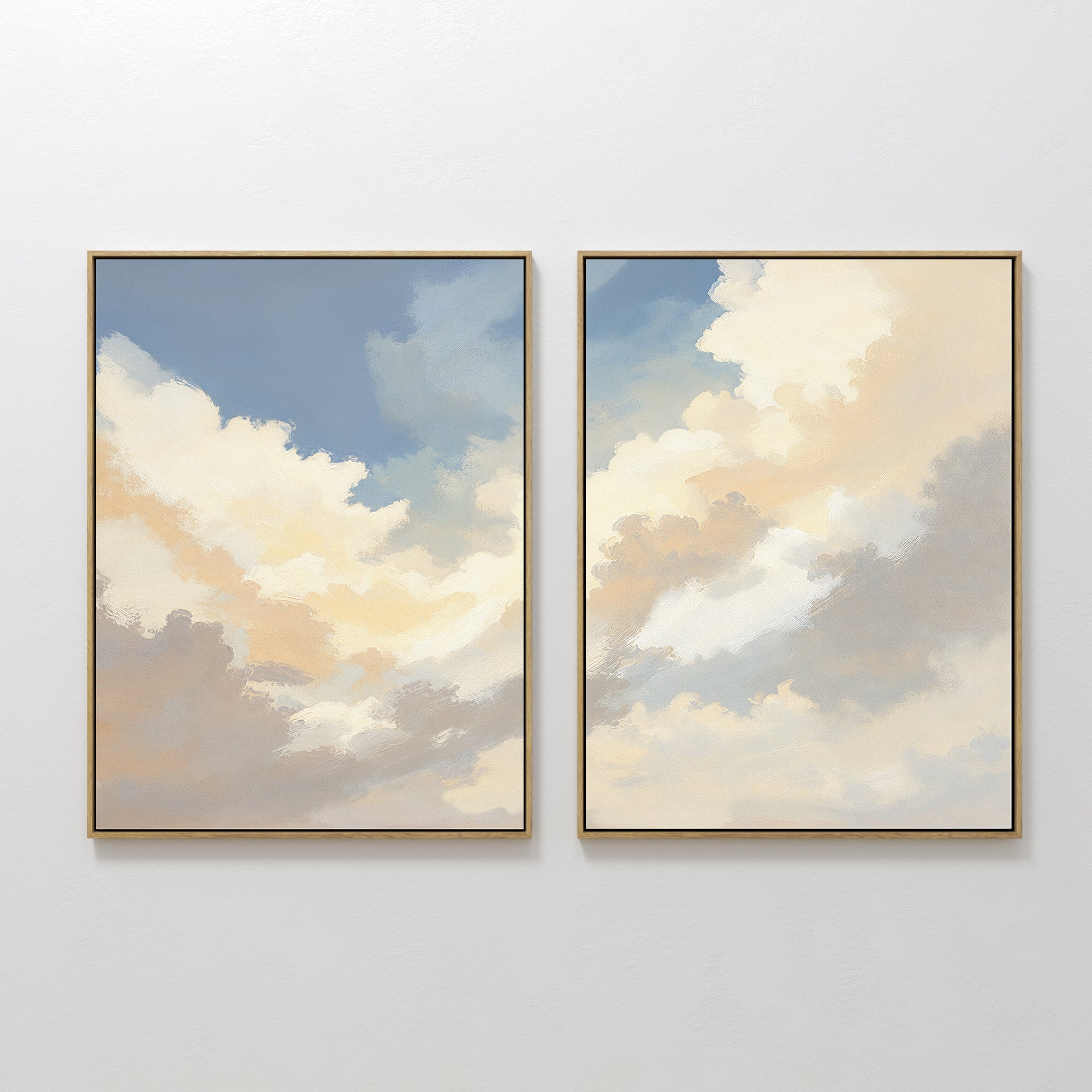 Original hand painted blue cream ivory cloud diptych oil painting canvas wall art, nordic scandinavian elegant luxury modern coastal living room home