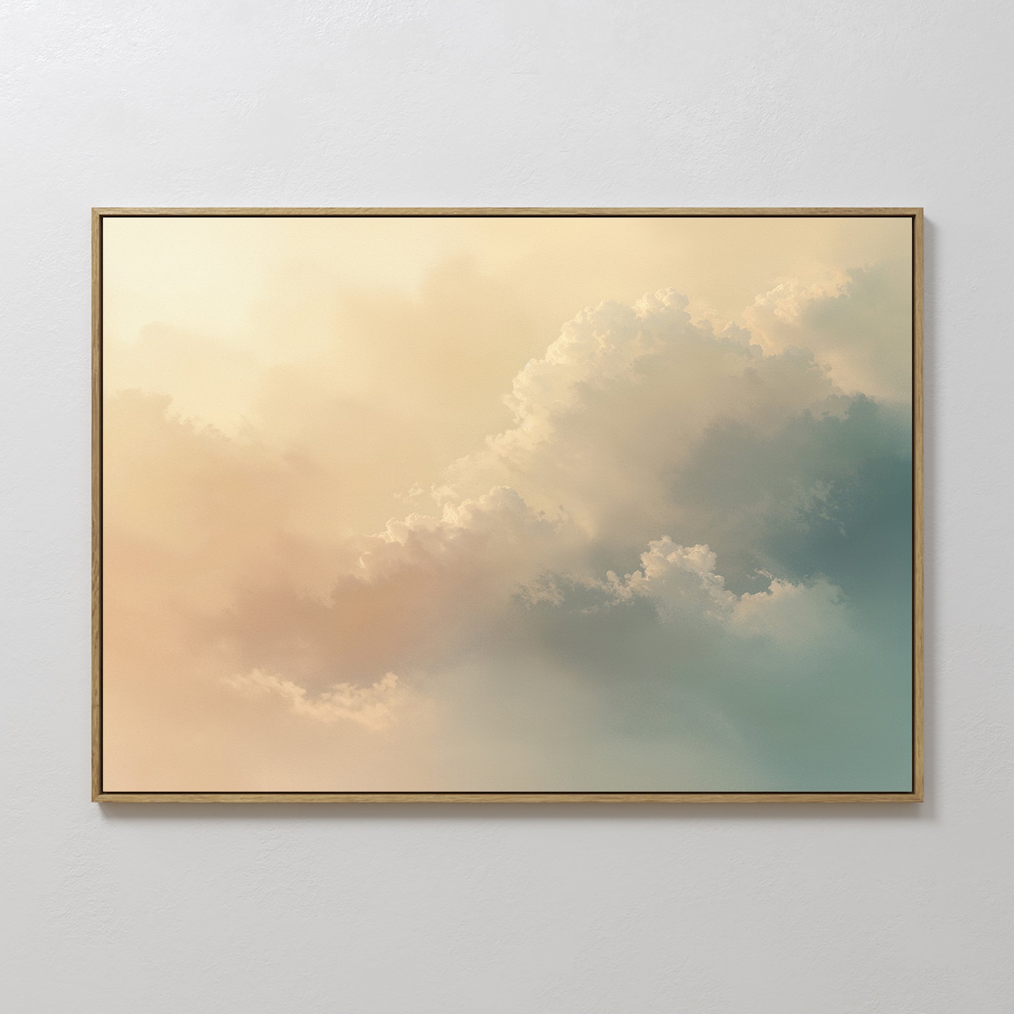 Original hand painted peach cream teal cumulus cloud oil painting canvas wall art, nordic scandinavian elegant luxury minimalist modern living room ho