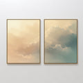 Original hand painted golden cream teal cloud diptych oil painting canvas wall art, nordic scandinavian elegant luxury minimalist modern living room h