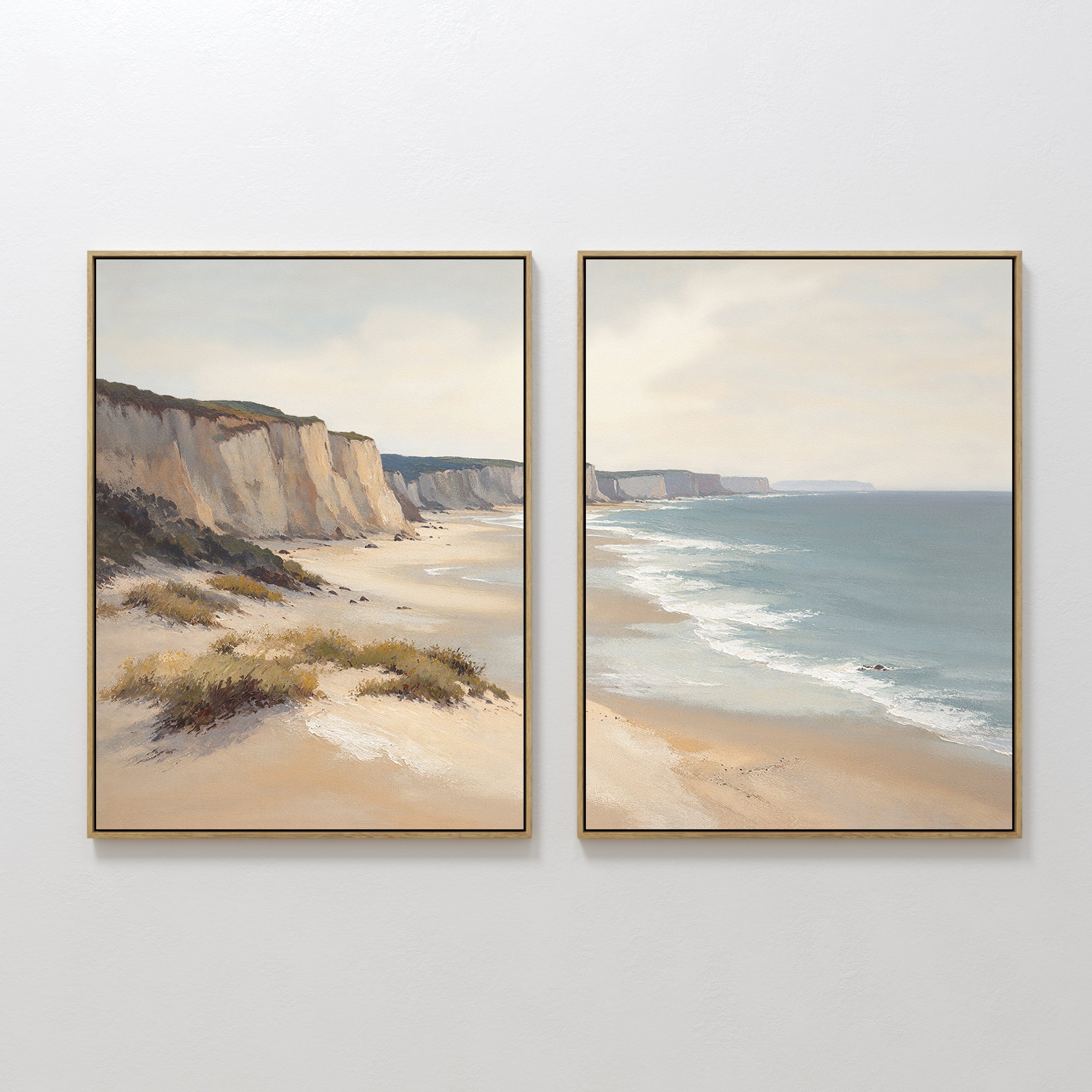 Original hand painted coastal cliffs beach oil painting canvas wall art, sandy beige turquoise waves nordic scandinavian elegant luxury modern home de
